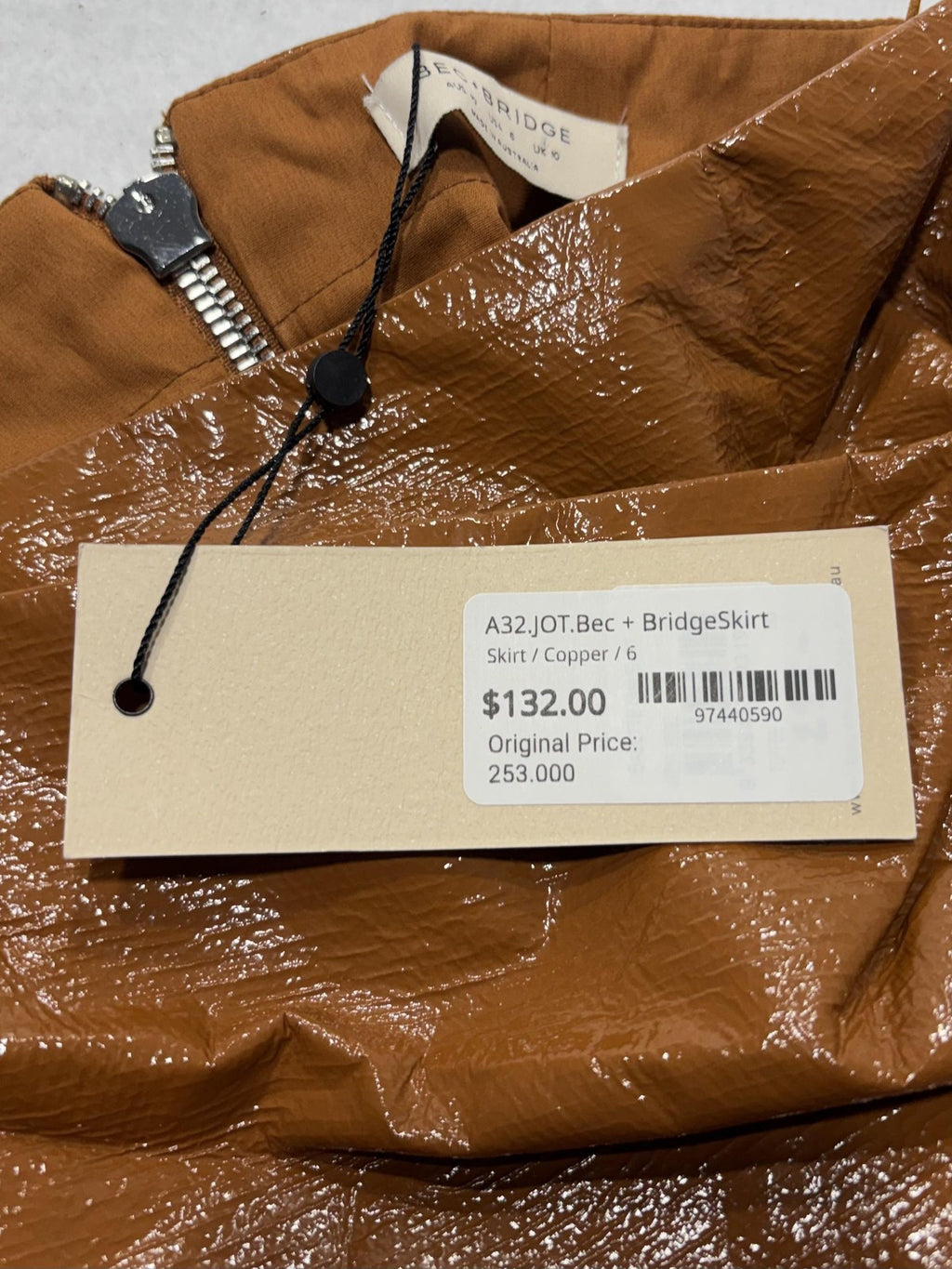 BEC + BRIDGE Skirt Womens 6 Brown Copper Faux Leather Asymmetric Drape Mini Zip