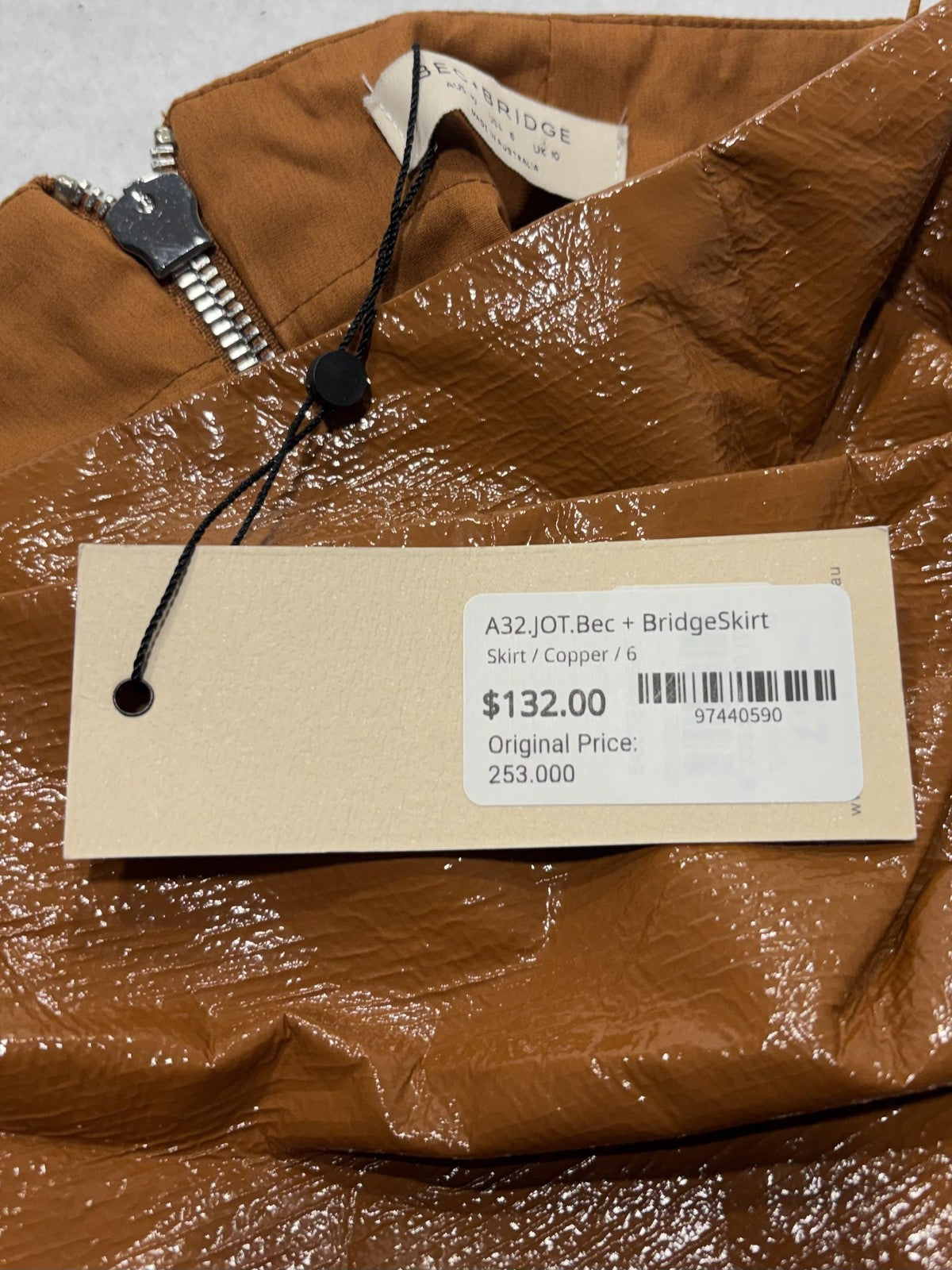 BEC + BRIDGE Skirt Womens 6 Brown Copper Faux Leather Asymmetric Drape Mini Zip