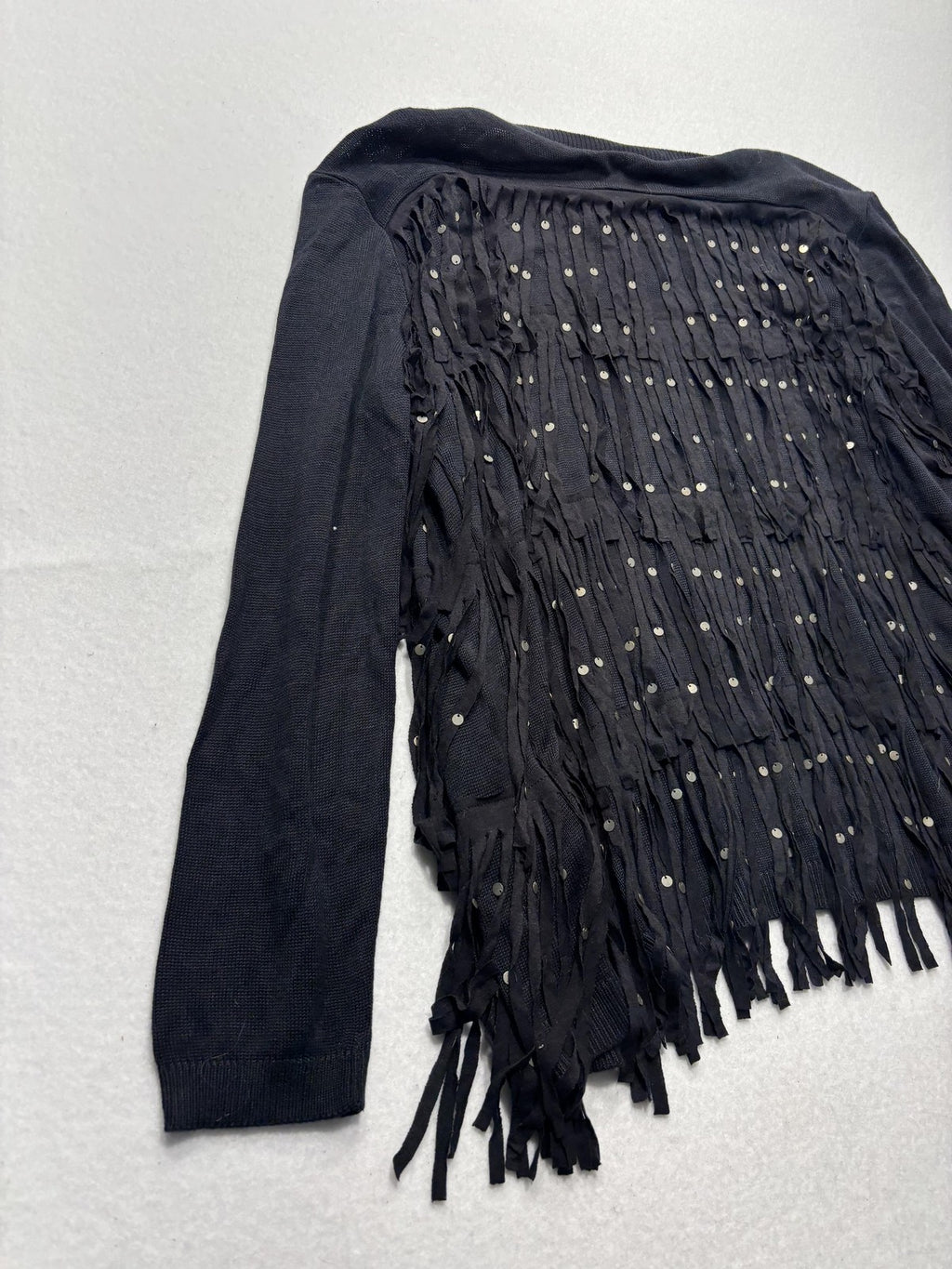 Chan Luu Cardigan Womens XS Black Fringe Sequin Knit Open Front Boho Long Sleeve