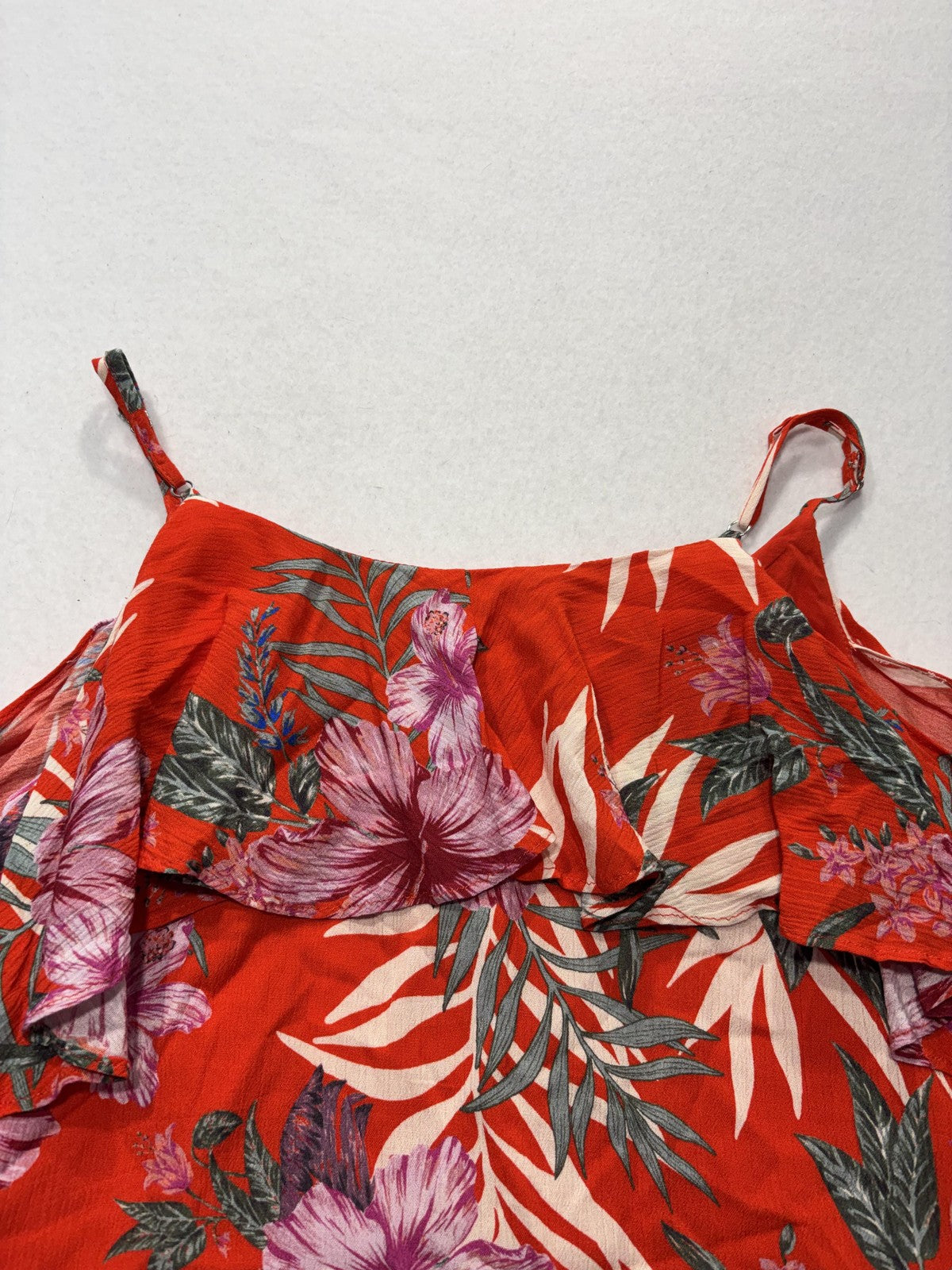 Miss Me Blouse Womens XS Red Floral Tropical Cold Shoulder Ruffle Strap Top