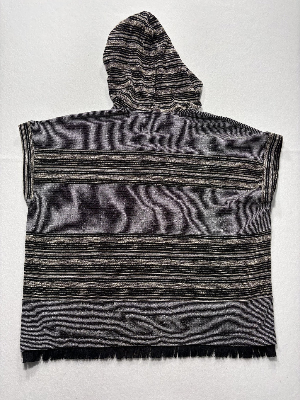 Lucky Brand Sweater Womens XS/S Black Striped Hooded Fringe Poncho Pullover