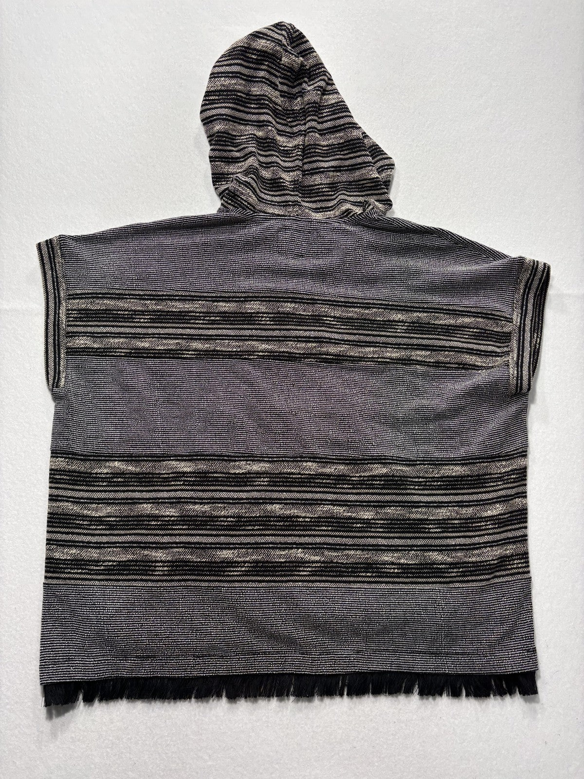 Lucky Brand Sweater Womens XS/S Black Striped Hooded Fringe Poncho Pullover