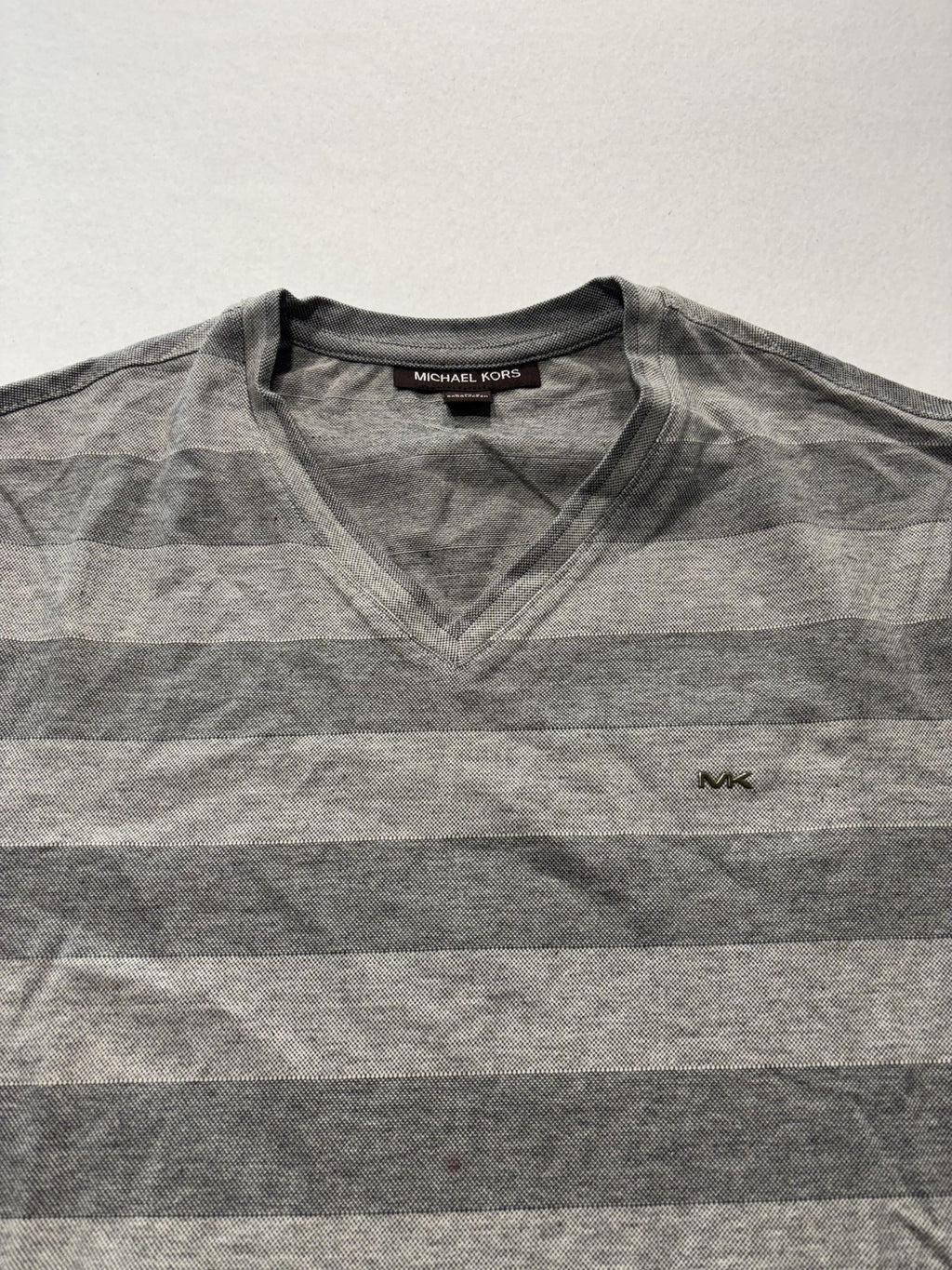 Michael Kors Shirt Mens Medium Gray Striped V Neck Cotton Short Sleeve Logo Tee