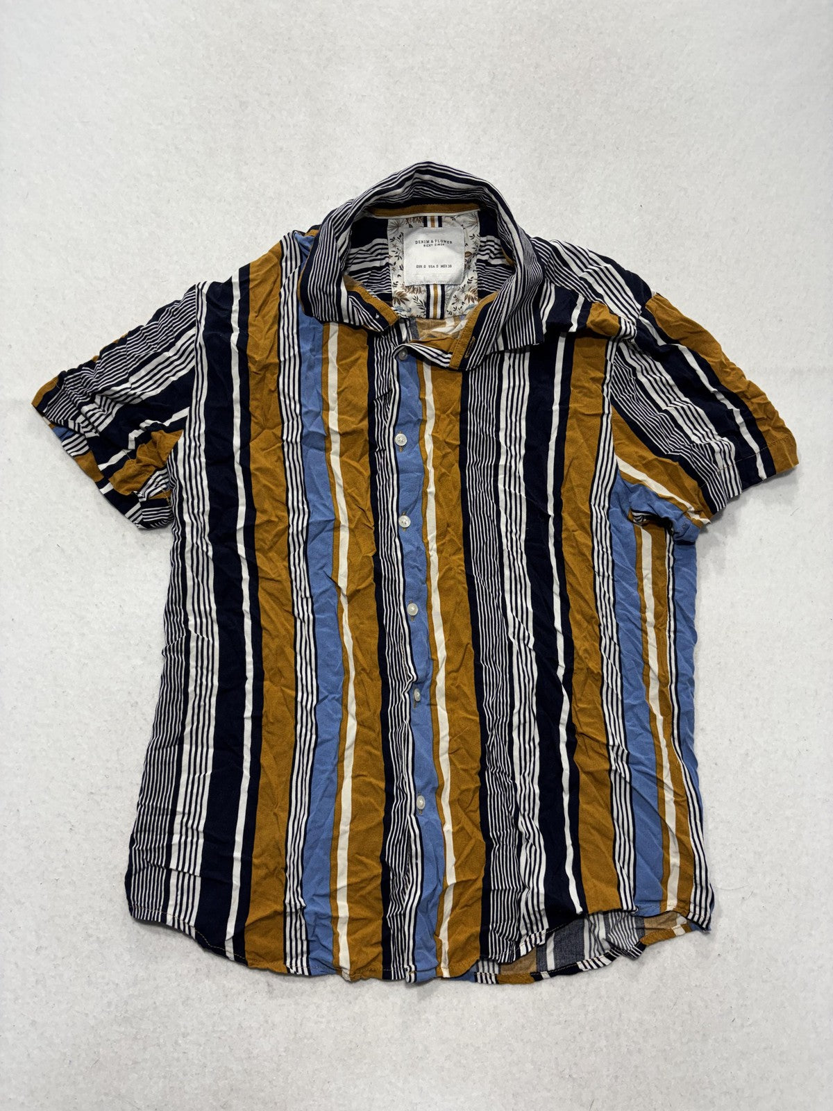 Denim & Flower Mens Small Multicolor Striped Short Sleeve Viscose Button Up