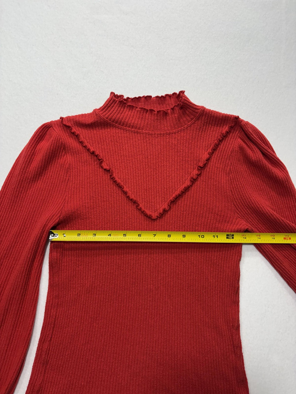 Free People Sweater Womens SP Red Mock Neck Balloon Sleeve Ruffle Knit Slim