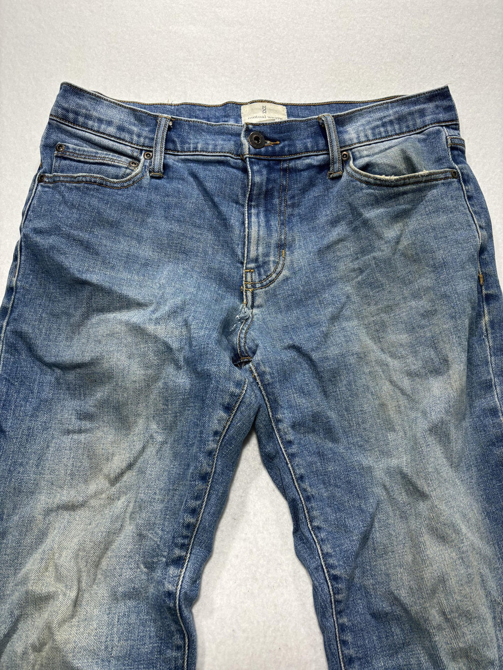 Mutual Weave The Straight Jeans Mens 34x30 Blue Medium Wash Distressed Stretch