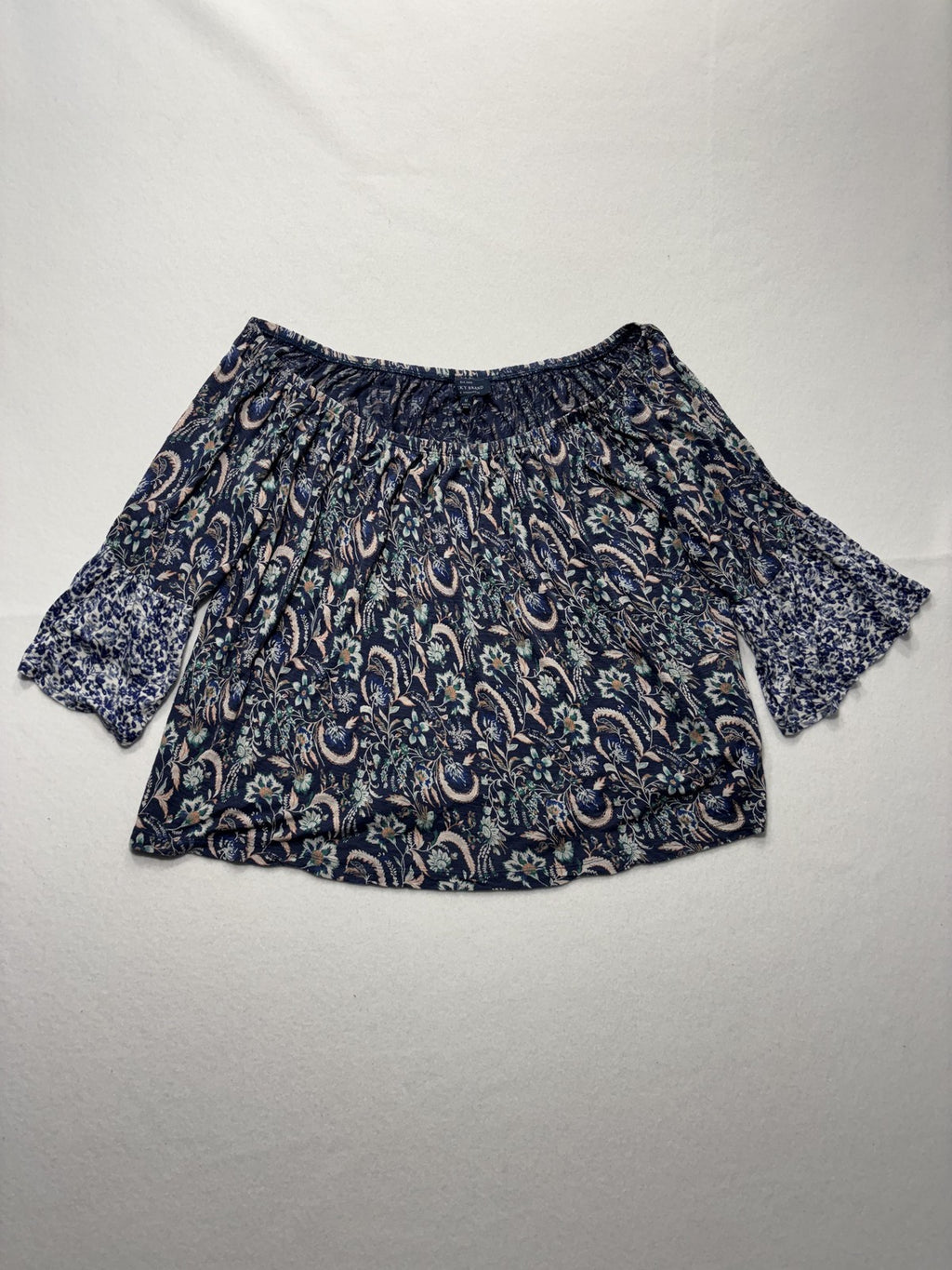 Lucky Brand Blouse Womens Medium Blue Paisley Off Shoulder 3/4 Bell Sleeve Boho