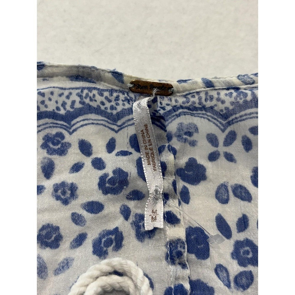 Free People Blouse Womens Medium Blue Long Sleeve Floral Tassel Crop Top Boho
