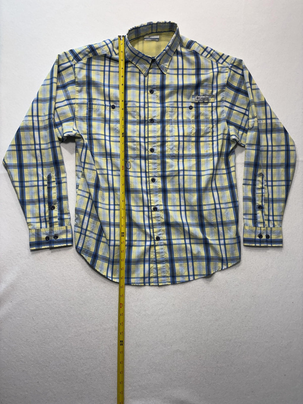 Columbia PFG Shirt Mens Medium Yellow Blue Plaid Long Sleeve Fishing Button Up