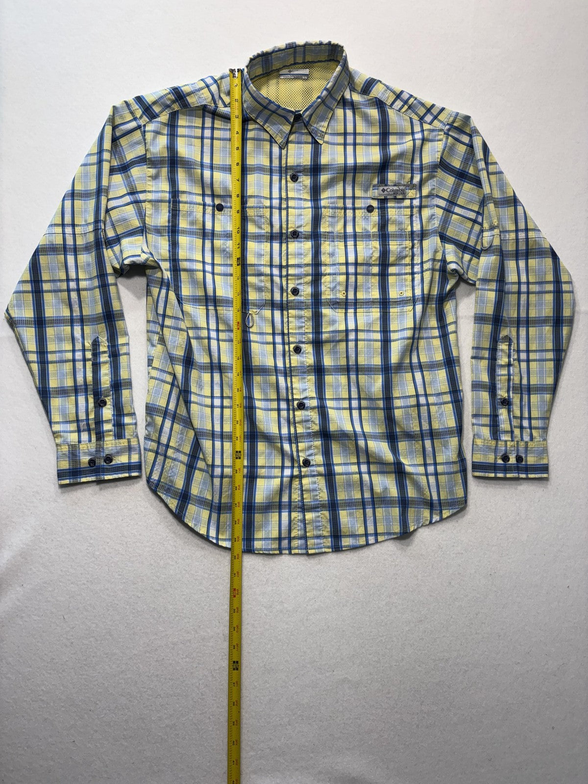 Columbia PFG Shirt Mens Medium Yellow Blue Plaid Long Sleeve Fishing Button Up
