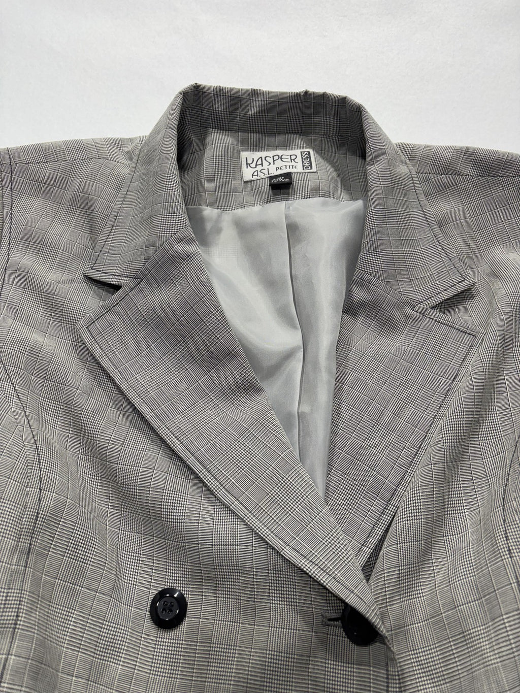 Kasper ASL Jacket Dress Womens 14P Gray Plaid Short Sleeve Belted Workwear