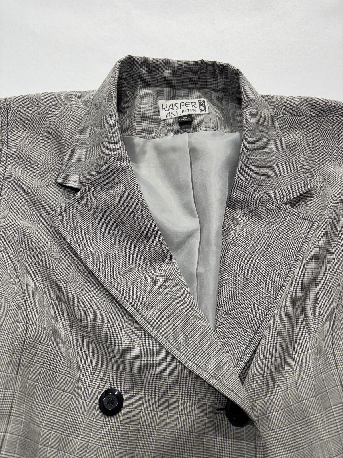 Kasper ASL Jacket Dress Womens 14P Gray Plaid Short Sleeve Belted Workwear
