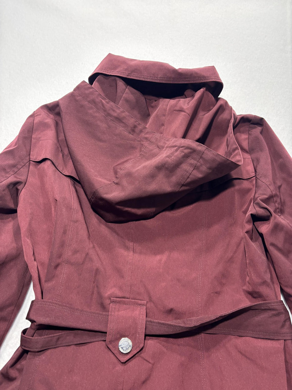 London Fog Trench Coat Womens S Red Belted Hooded Snap Front Mid Length