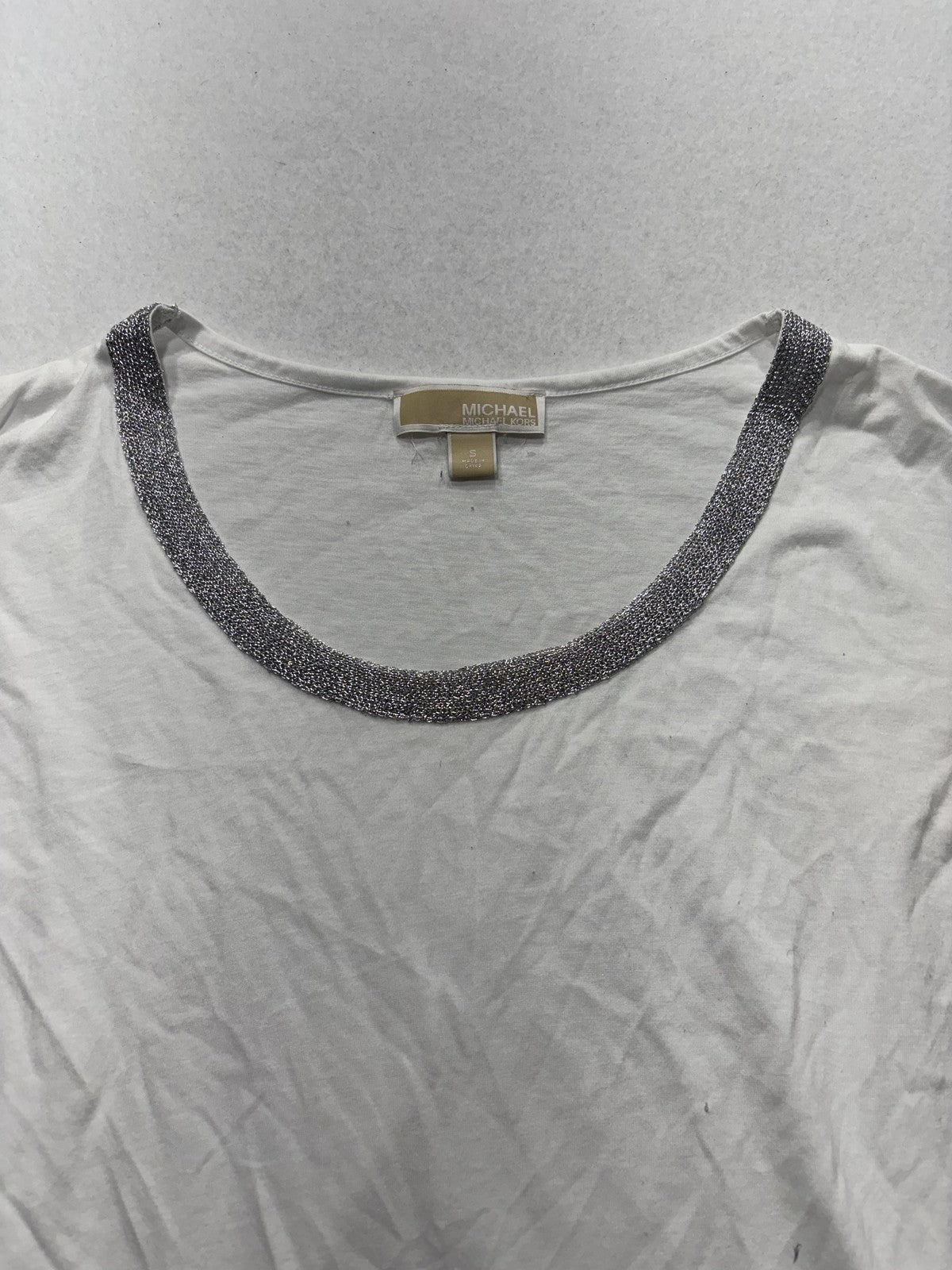 MICHAEL Michael Kors Top Womens Small White Scoop Neck Beaded Long Sleeve Jersey