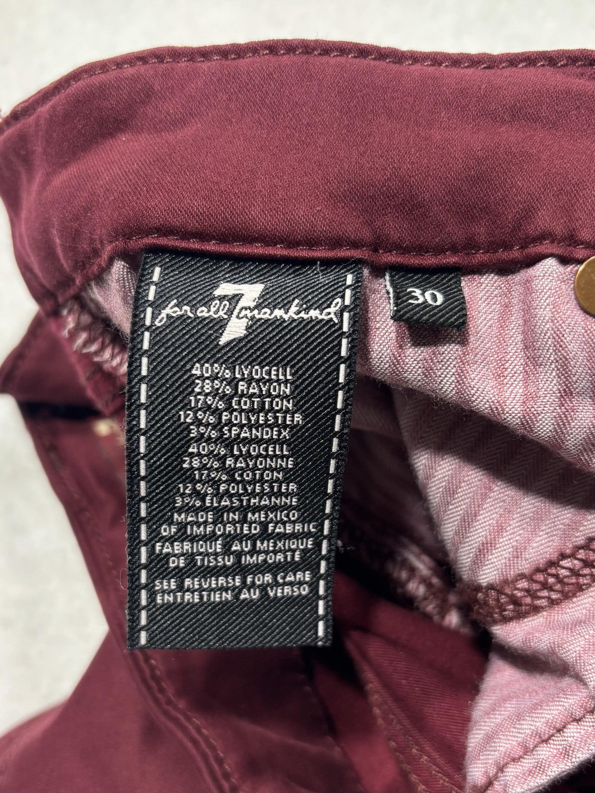 7 For All Mankind Jeans Womens 30 Red Burgundy Skinny Mid Rise Stretch 30x27.5