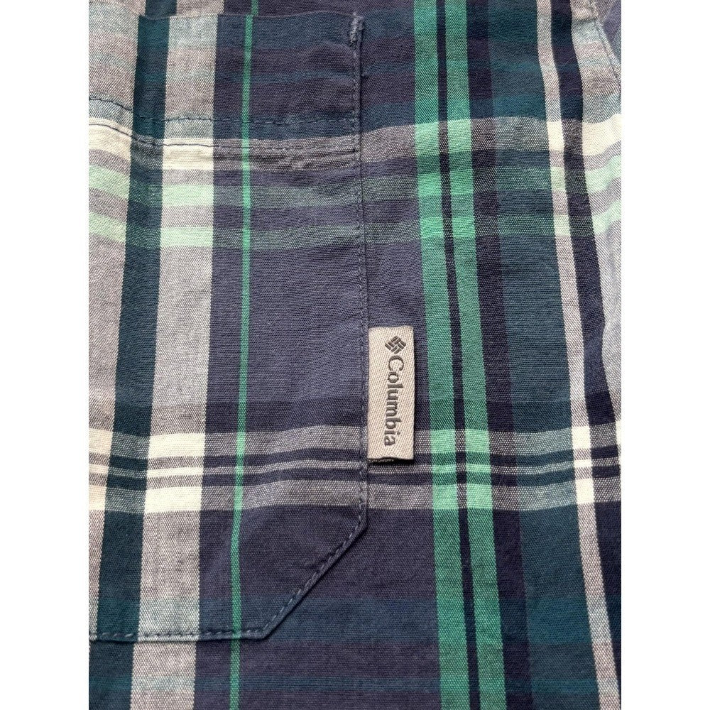 Columbia Shirt Mens Large Blue Green Plaid Short Sleeve Button Up Casual Stretch