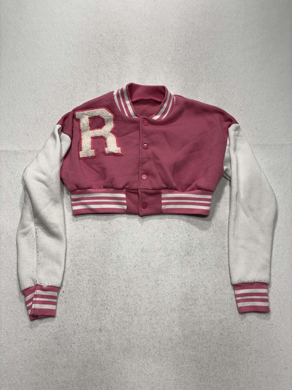 SHEIN Jacket Womens XS Pink Varsity Bomber Letter R Cropped Snap Front Fleece