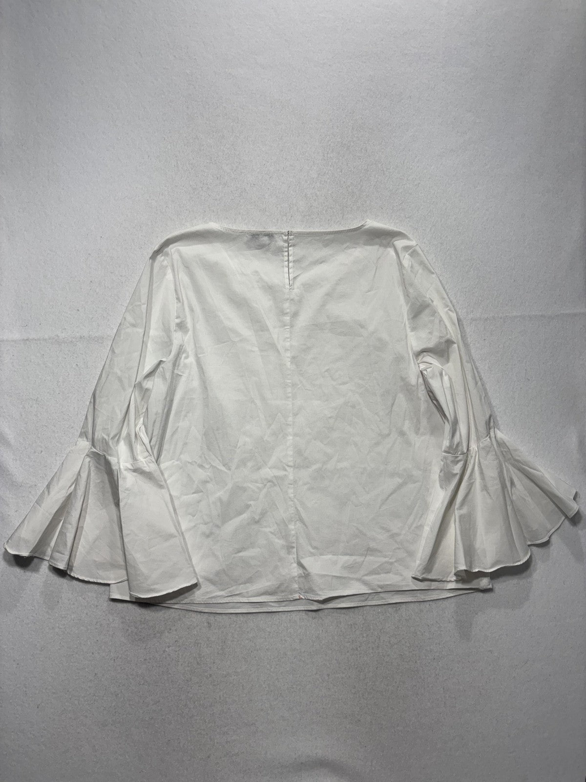Halston Blouse Womens XL White Scoop Neck 3/4 Ruffle Bell Sleeve Zip Back Top