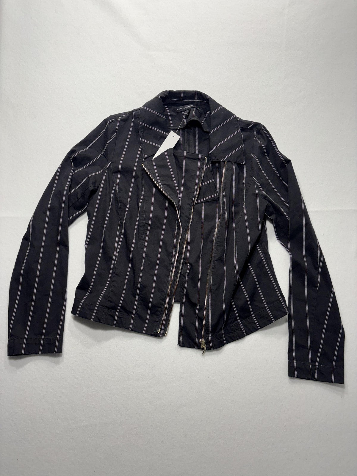 White House Black Market Moto Jacket Womens 12 Black Stripe Twill Zip Short