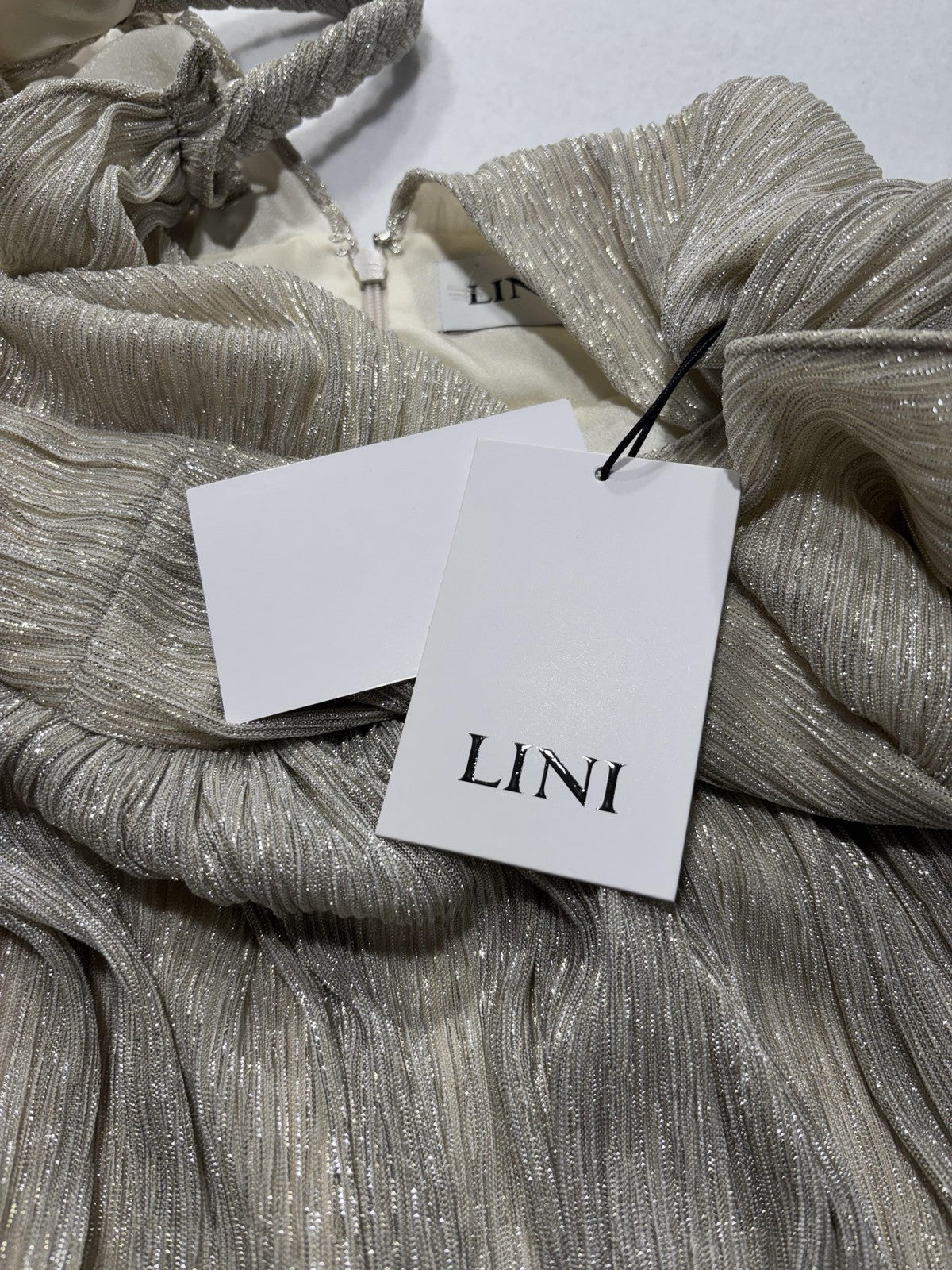 LINI Katherine Dress Womens Medium Champagne Metallic Pleated V Neck Maxi Formal