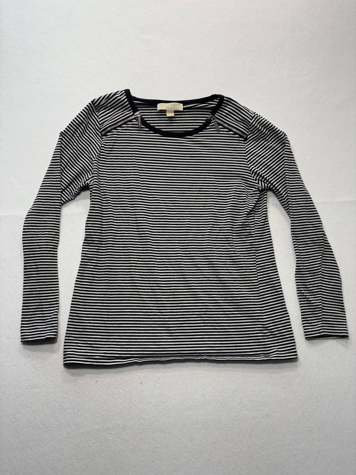 MICHAEL Michael Kors Shirt Womens Large Black Stripe Zip Shoulder Long Sleeve