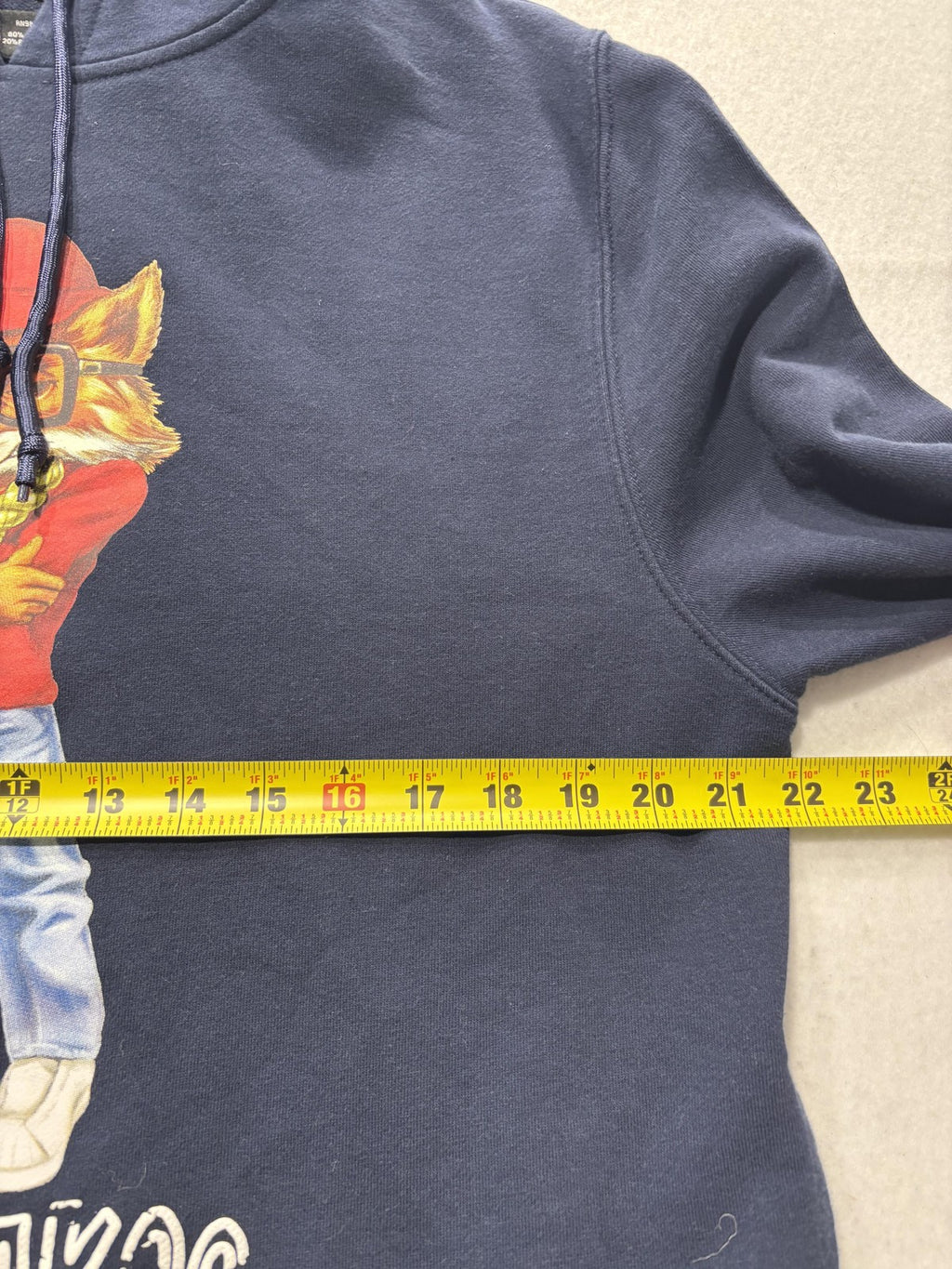 AKOO Hoodie Mens Large Blue Fleece Pullover Fox Graphic Hip Hop Slogan Back