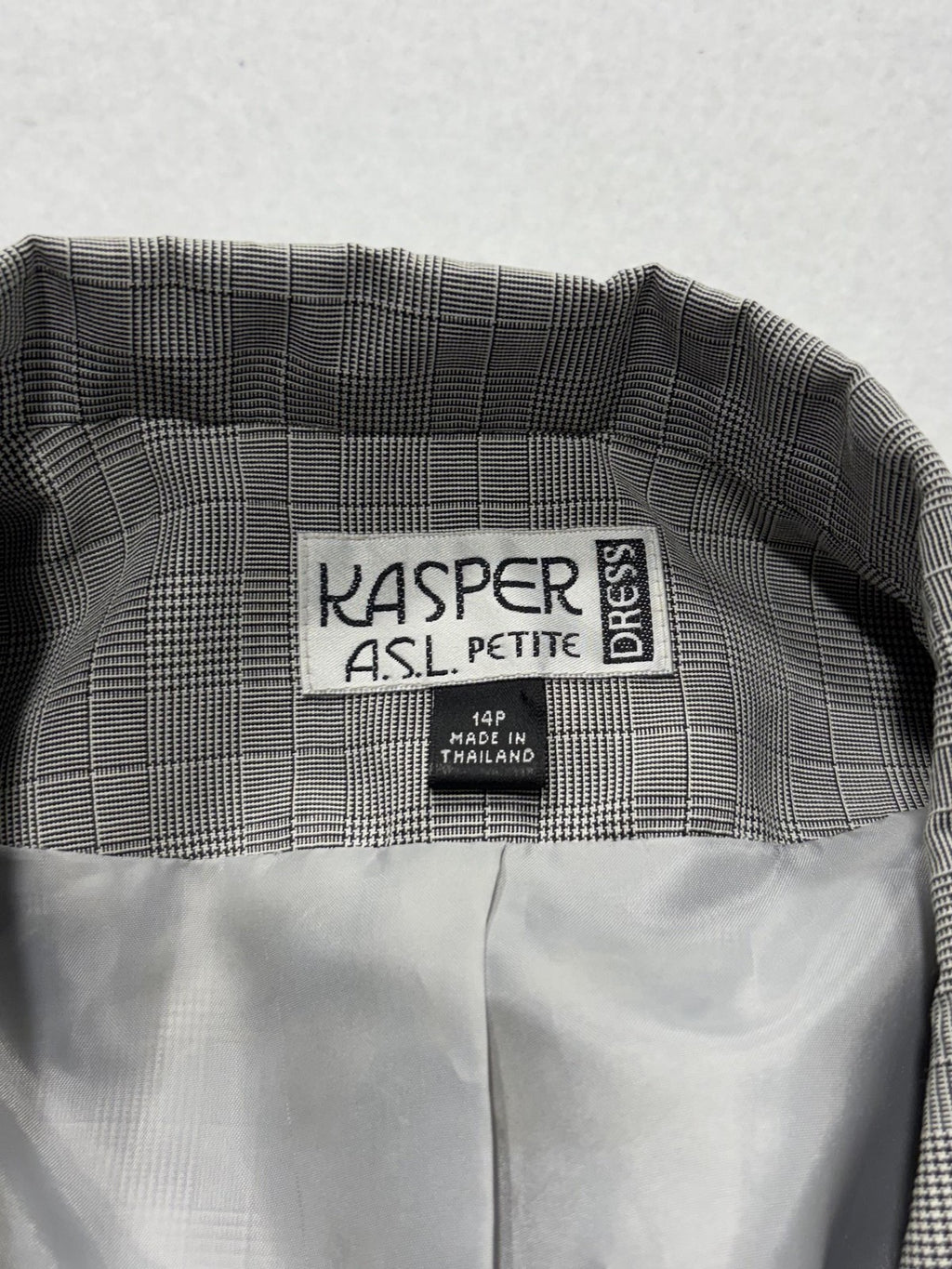 Kasper ASL Jacket Dress Womens 14P Gray Plaid Short Sleeve Belted Workwear