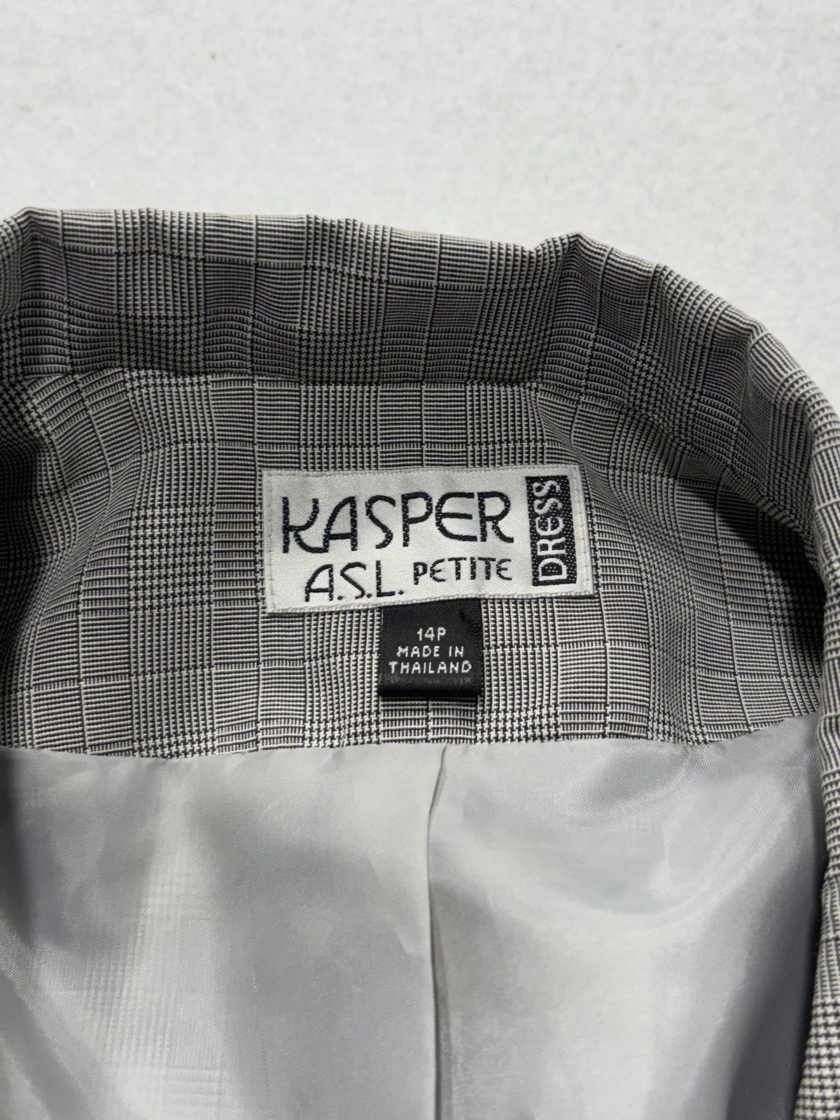 Kasper ASL Jacket Dress Womens 14P Gray Plaid Short Sleeve Belted Workwear