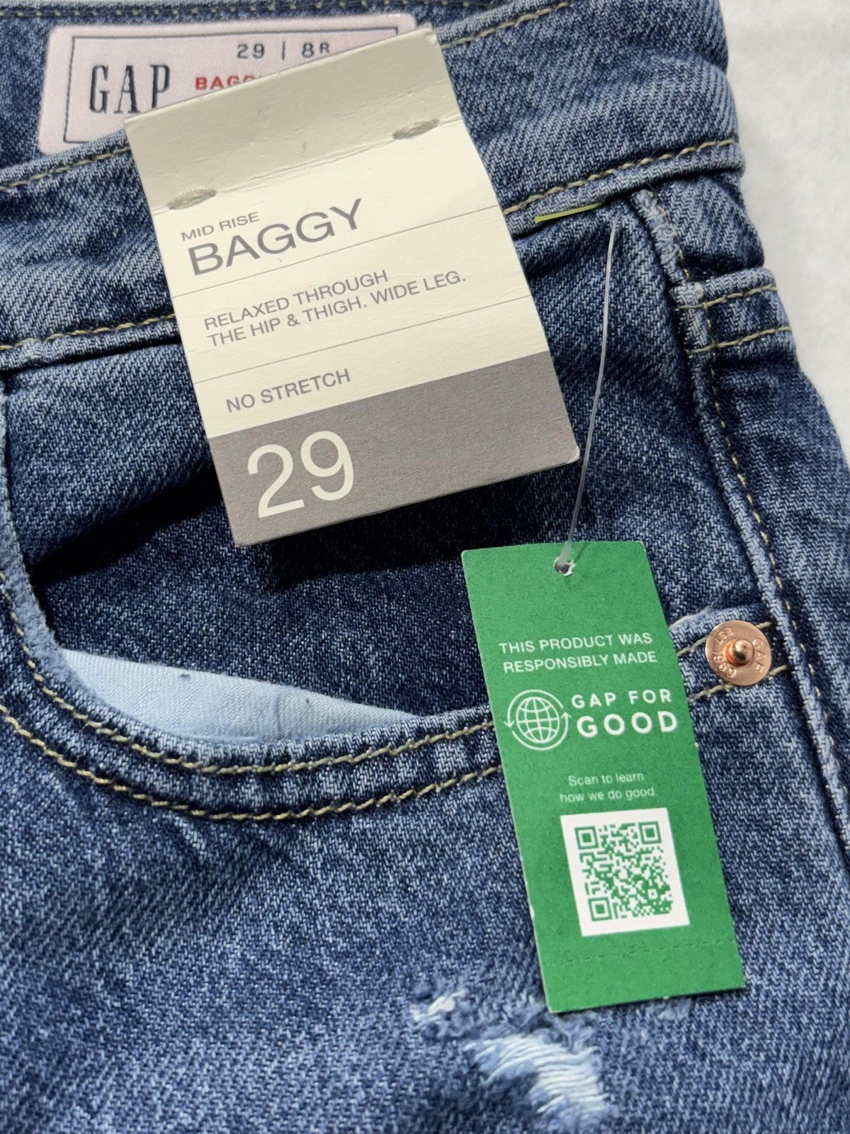 Gap Baggy Mid Rise Jeans Womens 8R Blue Medium Wash Wide Leg Distressed 29x29.5