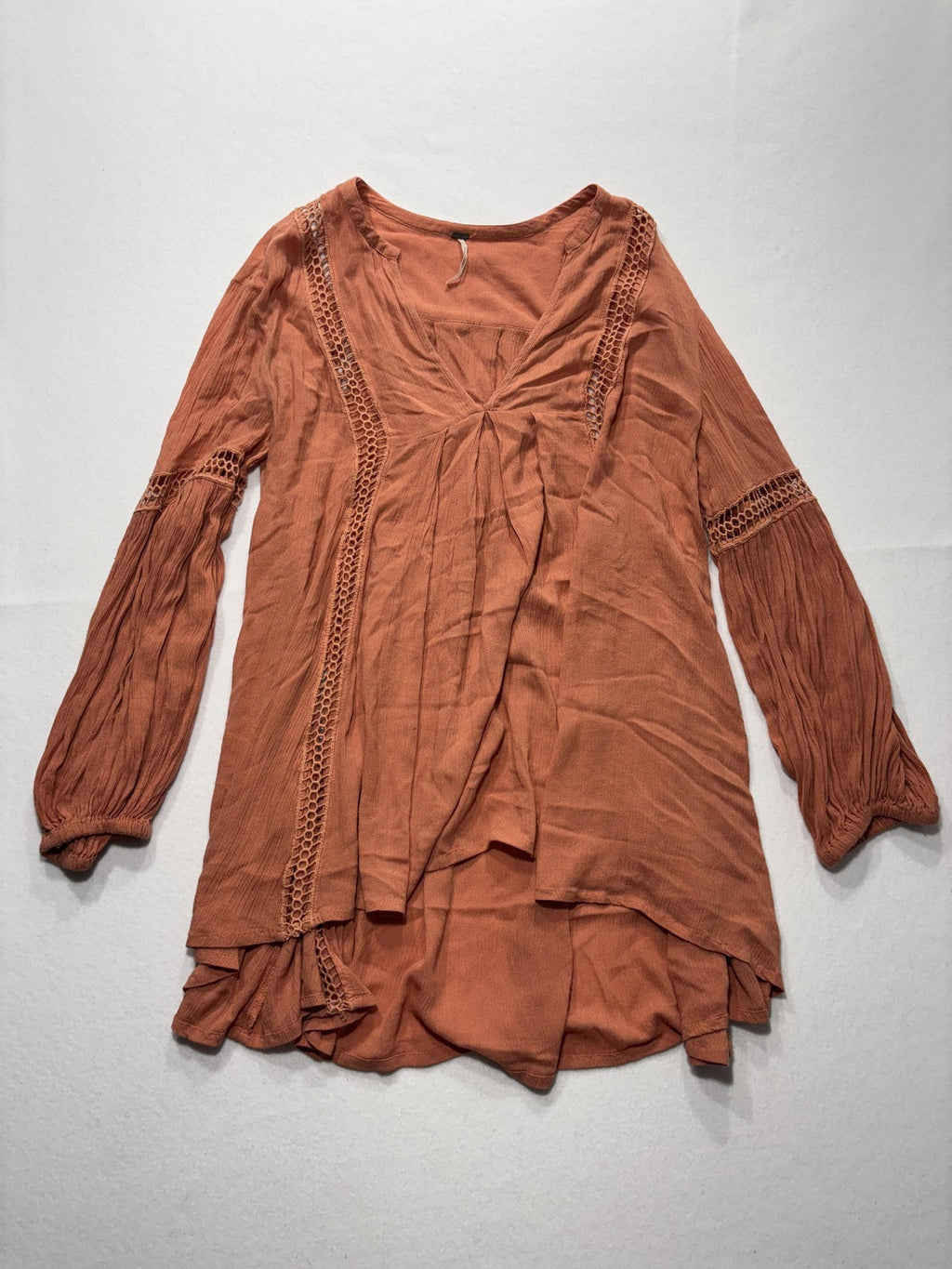 Free People Dress Womens Small Orange Scoop Neck Crochet Long Sleeve Boho Swing