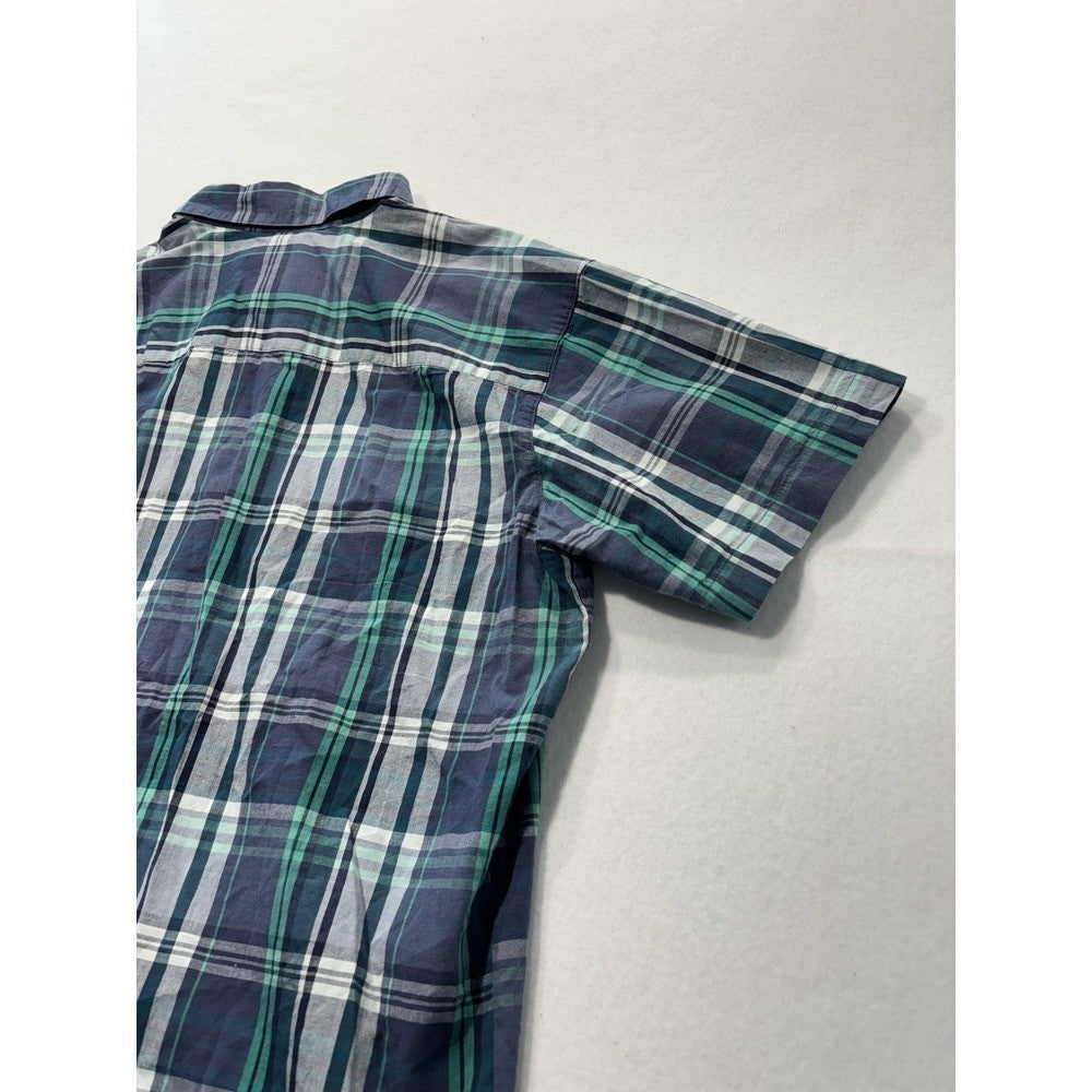 Columbia Shirt Mens Large Blue Green Plaid Short Sleeve Button Up Casual Stretch