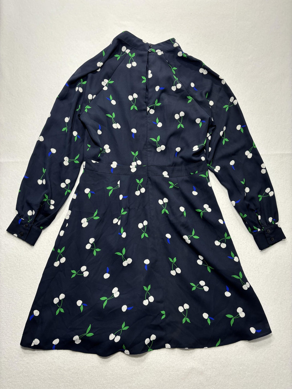 Banana Republic Dress Womens 6 Blue Cherry Print Mock Neck Long Sleeve Fit Flare