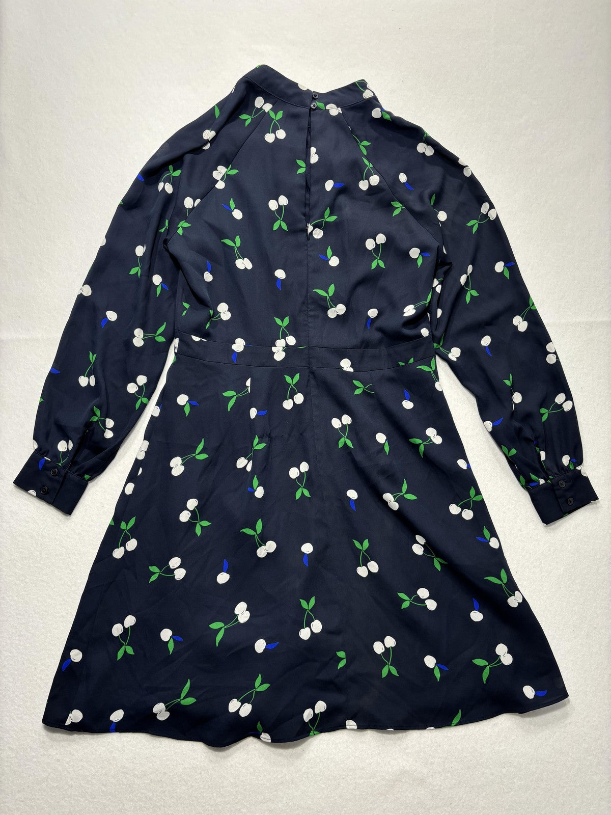 Banana Republic Dress Womens 6 Blue Cherry Print Mock Neck Long Sleeve Fit Flare