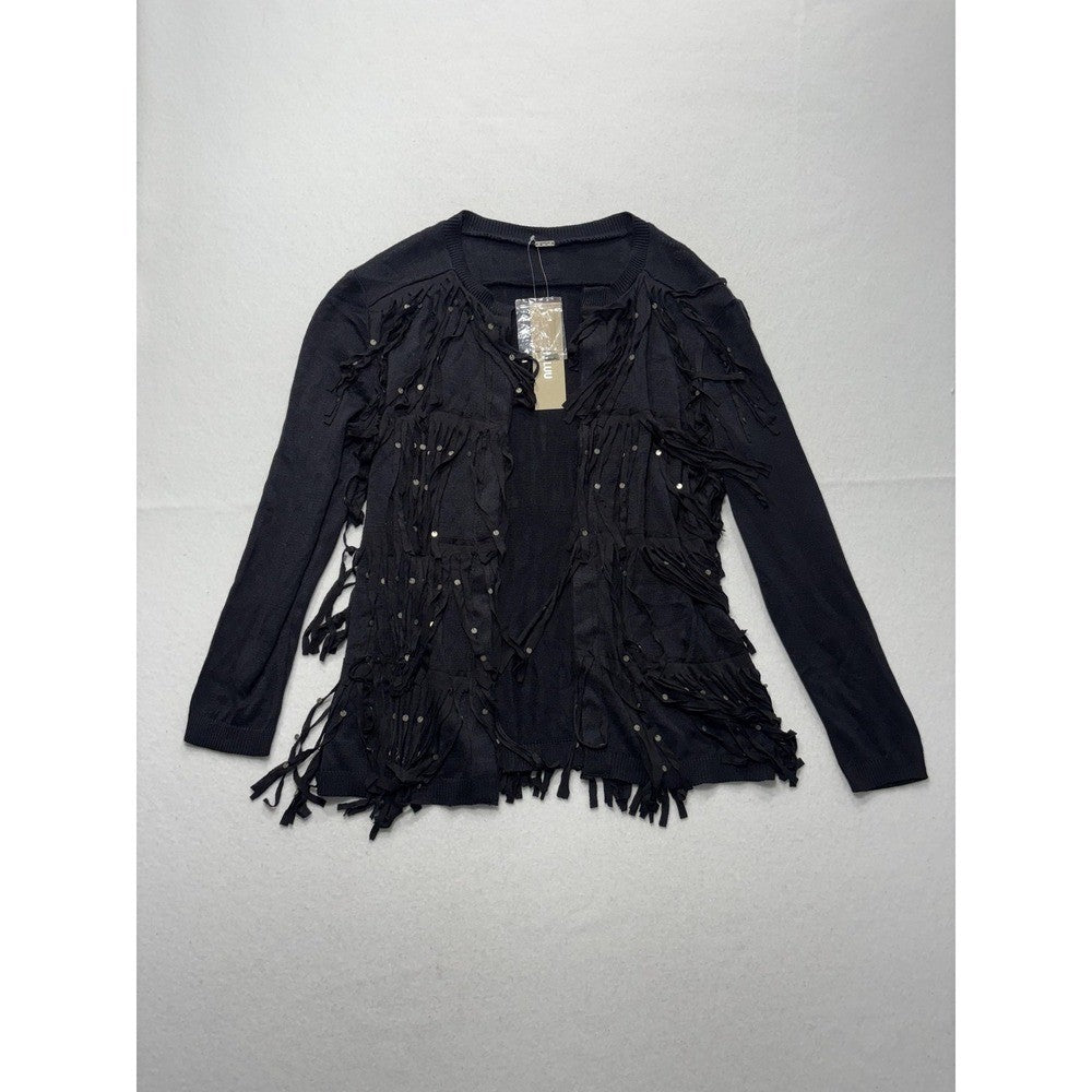 Chan Luu Cardigan Womens XS Black Fringe Sequin Knit Open Front Boho Long Sleeve