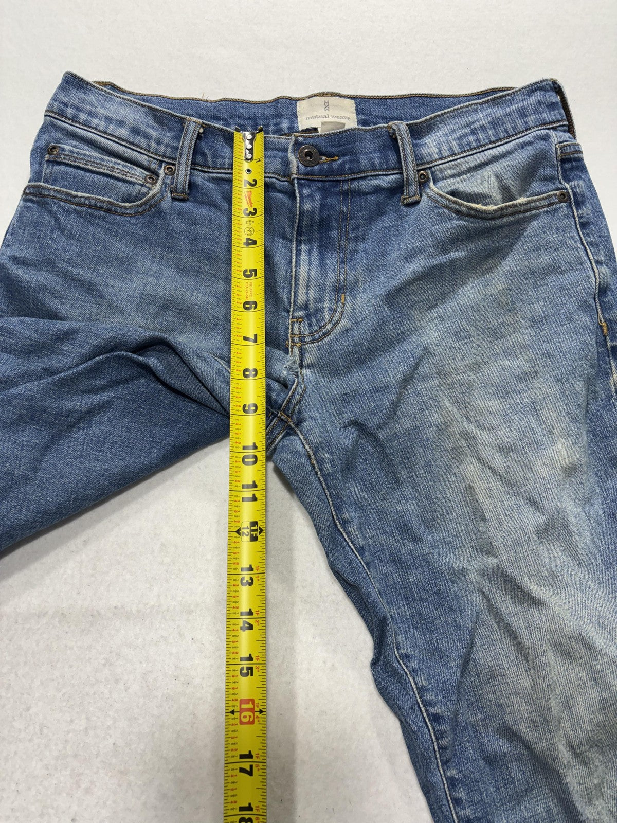 Mutual Weave The Straight Jeans Mens 34x30 Blue Medium Wash Distressed Stretch