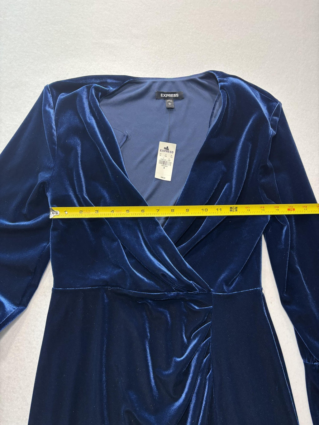 Express Dress Womens Medium Blue Velvet Wrap V Neck Ruched Long Sleeve Party