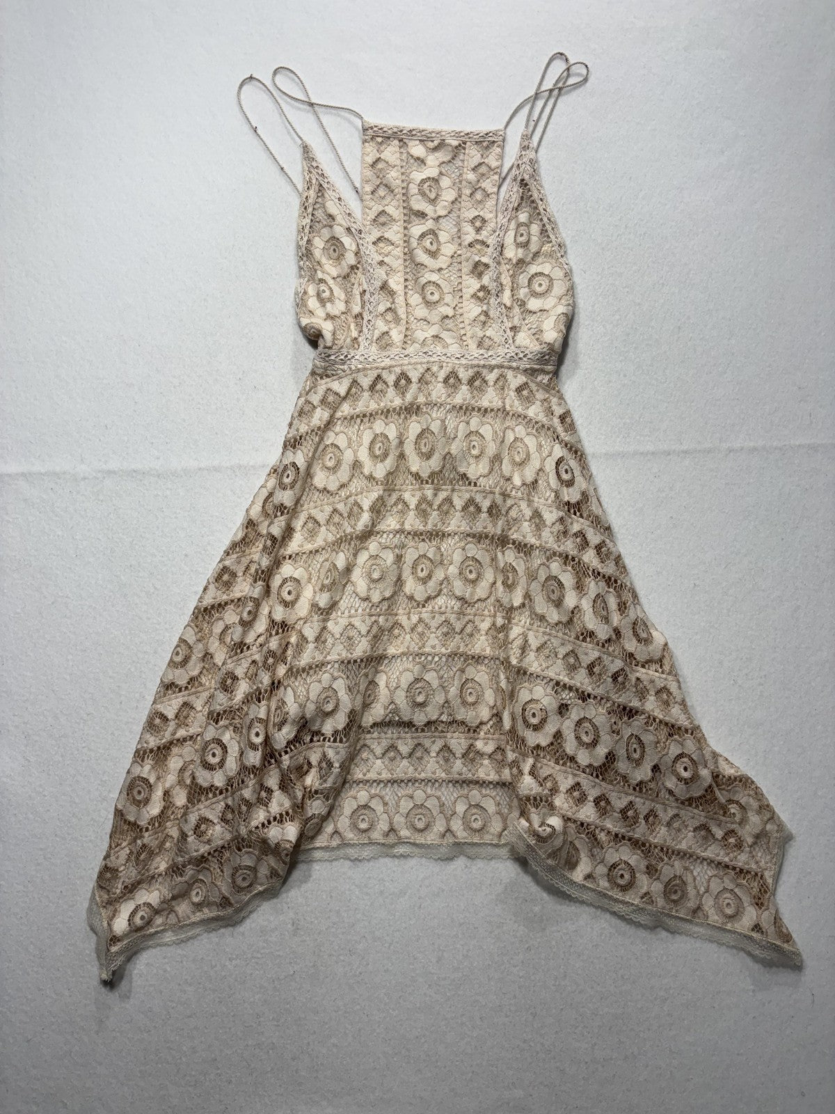 Free People Dress Womens 0 Beige Floral Lace Square Neck Asym Hem Sundress Boho