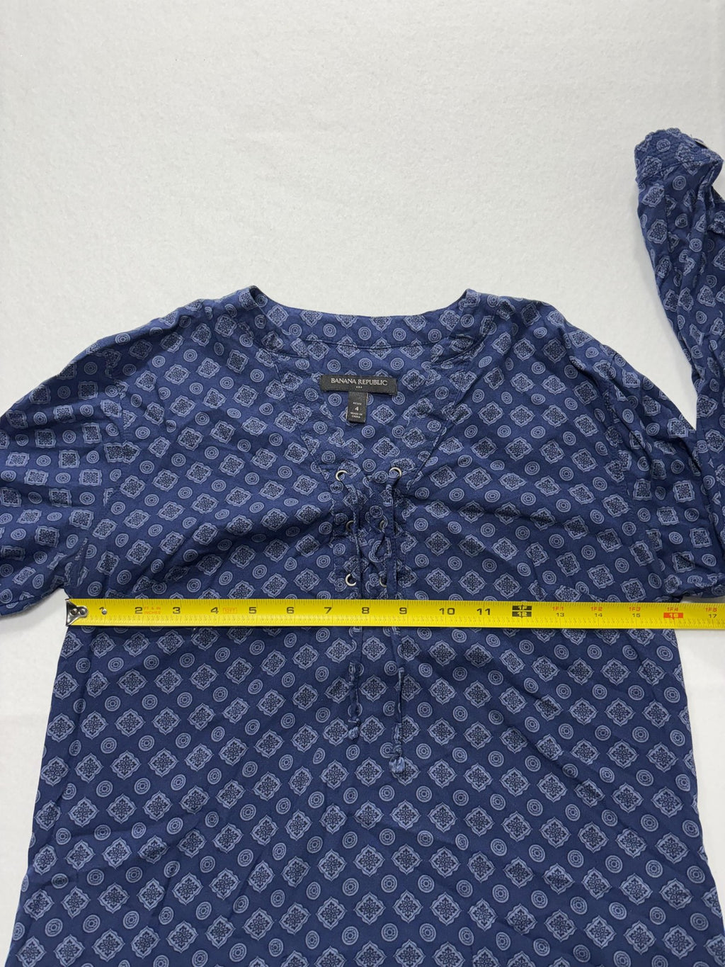 Banana Republic Dress Womens 4P Blue Geometric V Neck Long Sleeve Shirt Dress