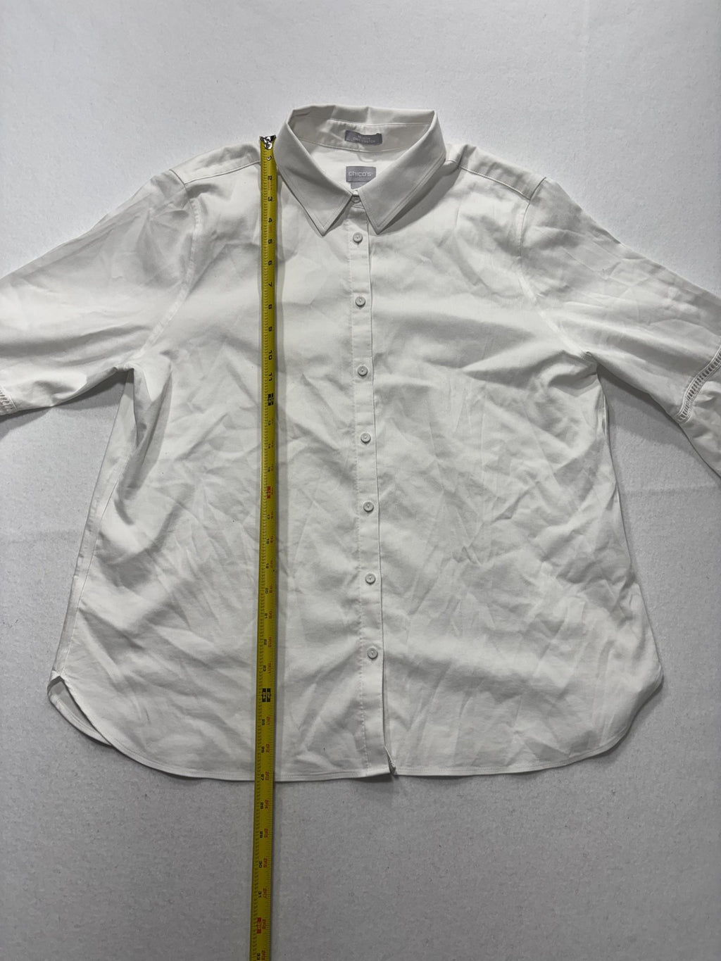 Chico's Blouse Womens 12 White Button Front Collared 3/4 Bell Sleeve Tunic Top