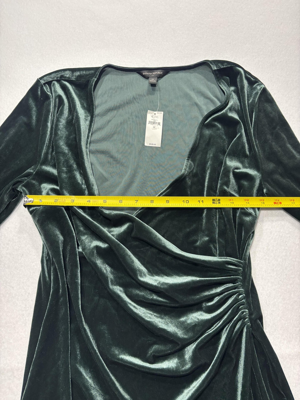 Banana Republic Dress Womens M Green Velvet V Neck Ruched Wrap Long Sleeve Midi