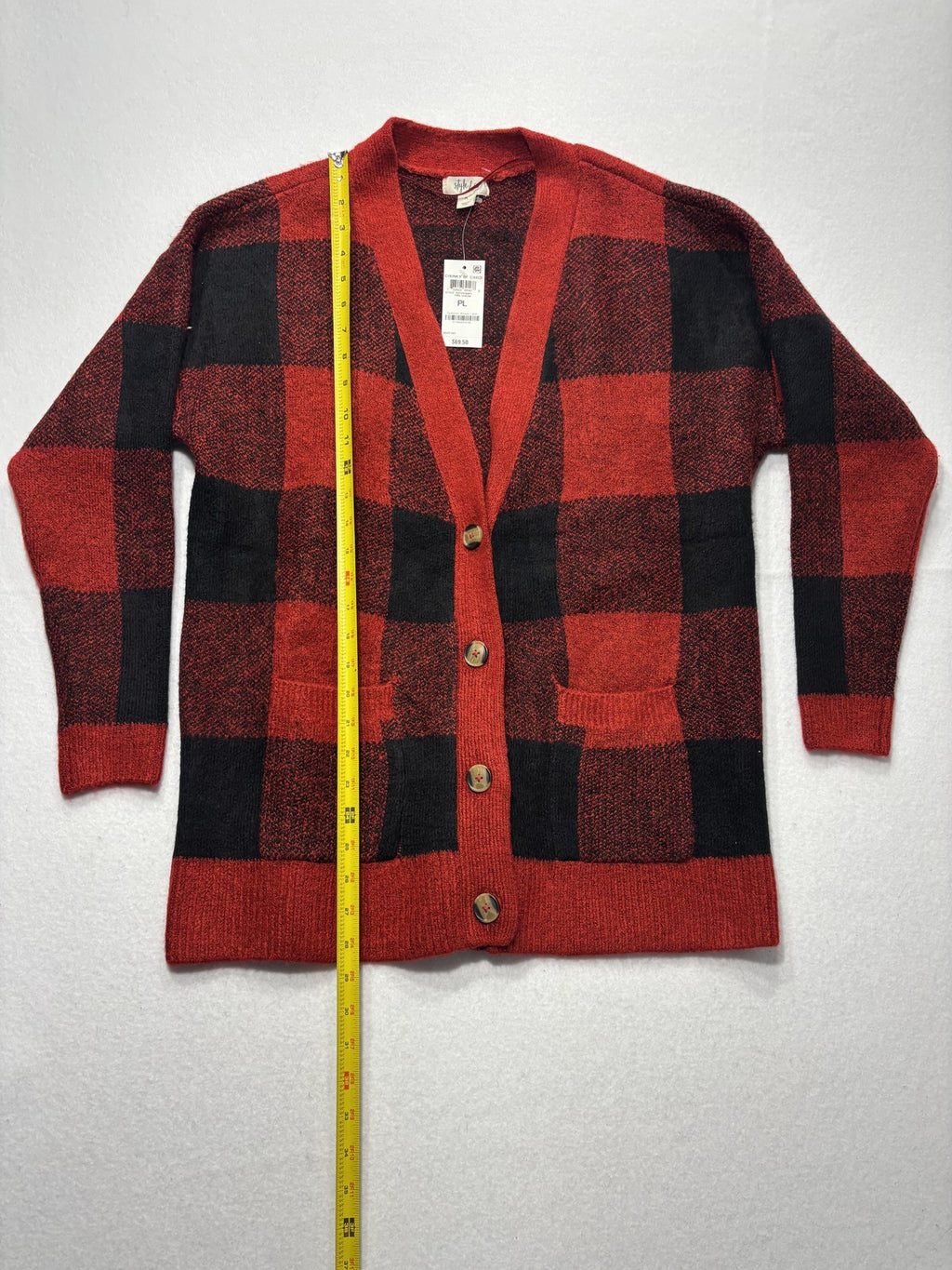 Style&co. Cardigan Womens PL Red Buffalo Plaid Chunky Knit Button Front Pockets