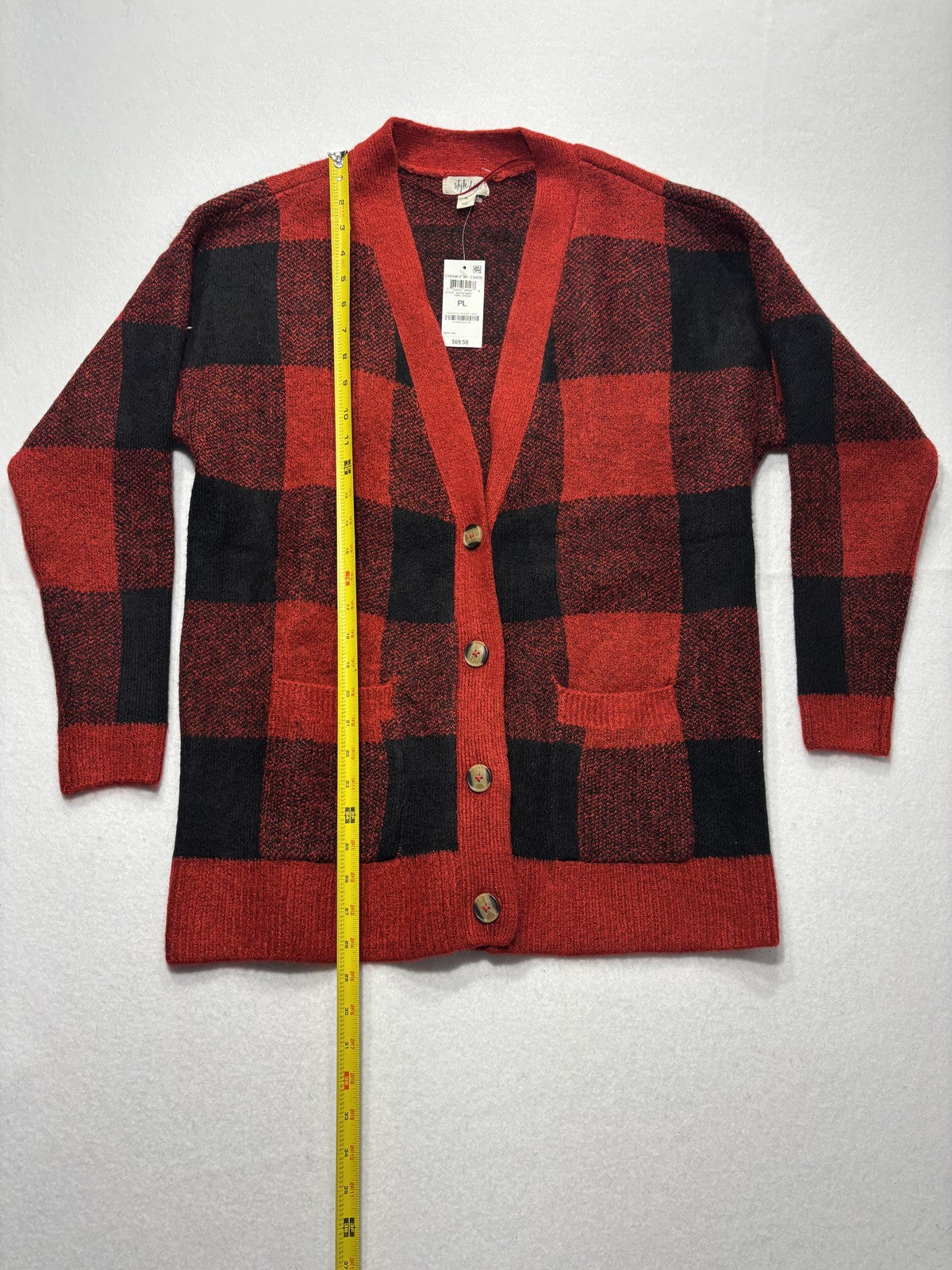 Style&co. Cardigan Womens PL Red Buffalo Plaid Chunky Knit Button Front Pockets