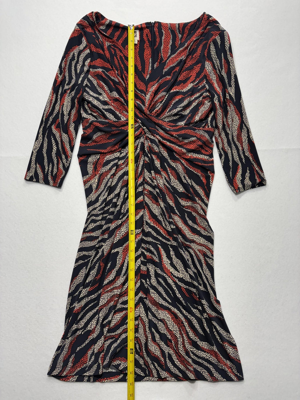 Anne Klein Dress Womens 14 Multi Animal Ruched Sheath 3/4 Sleeve Knee Length