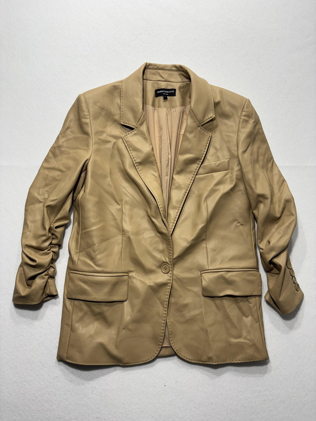 Generation Love Blazer Womens S Beige Faux Leather Ruched Sleeve Lined Jacket