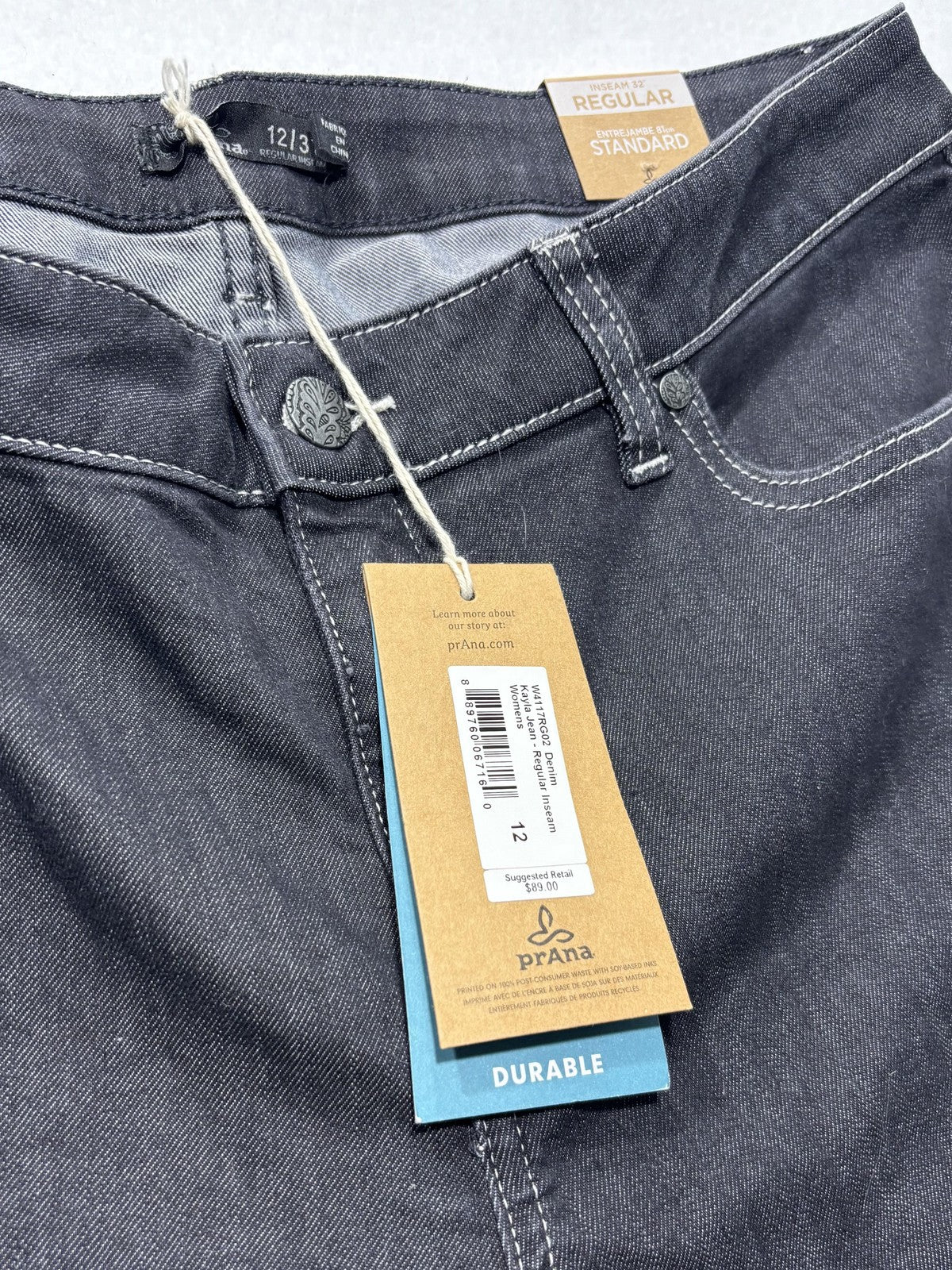 PrAna Jeans Womens 12 Gray Dark Wash Straight Leg Mid Rise Stretch 33x32