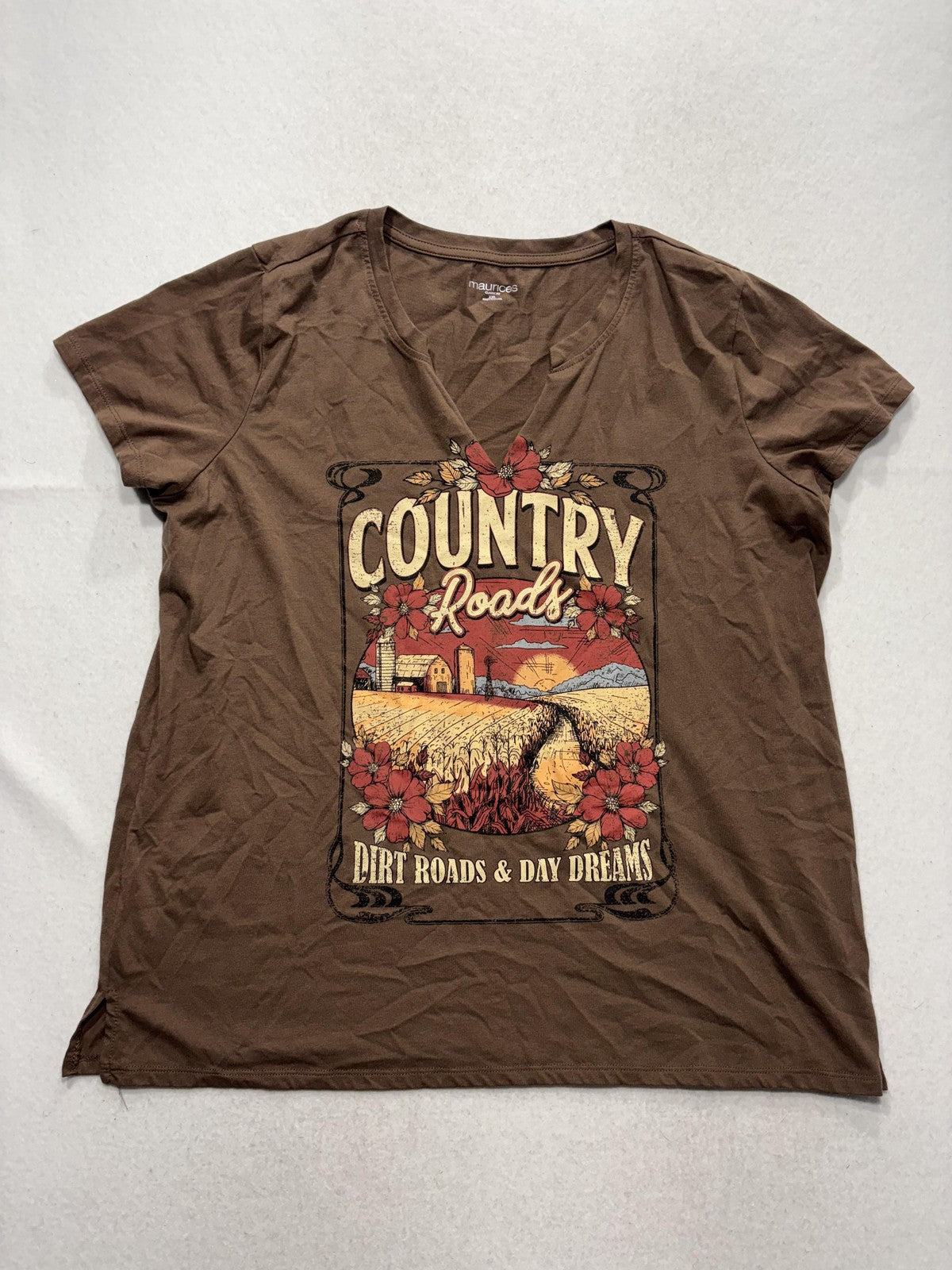Maurices Shirt Womens XXL Brown Country Roads Graphic V Neck Tee Western Casual