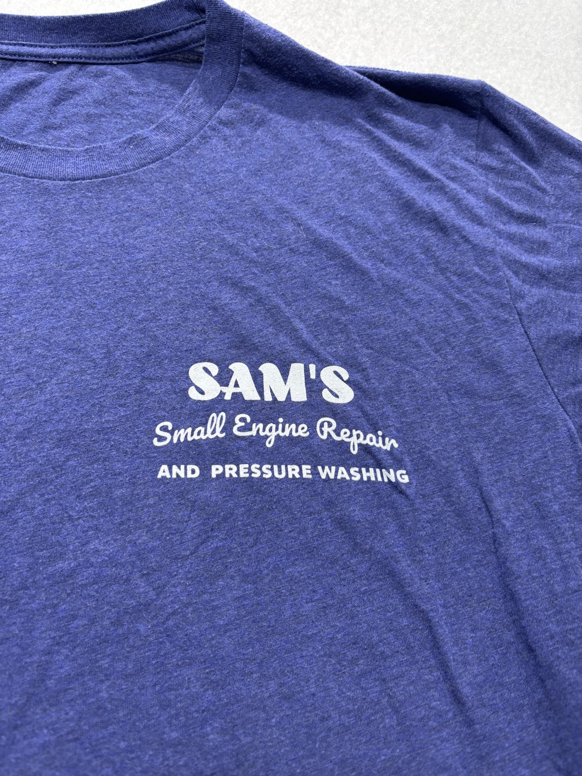 Sam's Small Engine Repair Shirt Mens Large Blue Pressure Washing Graphic Tee