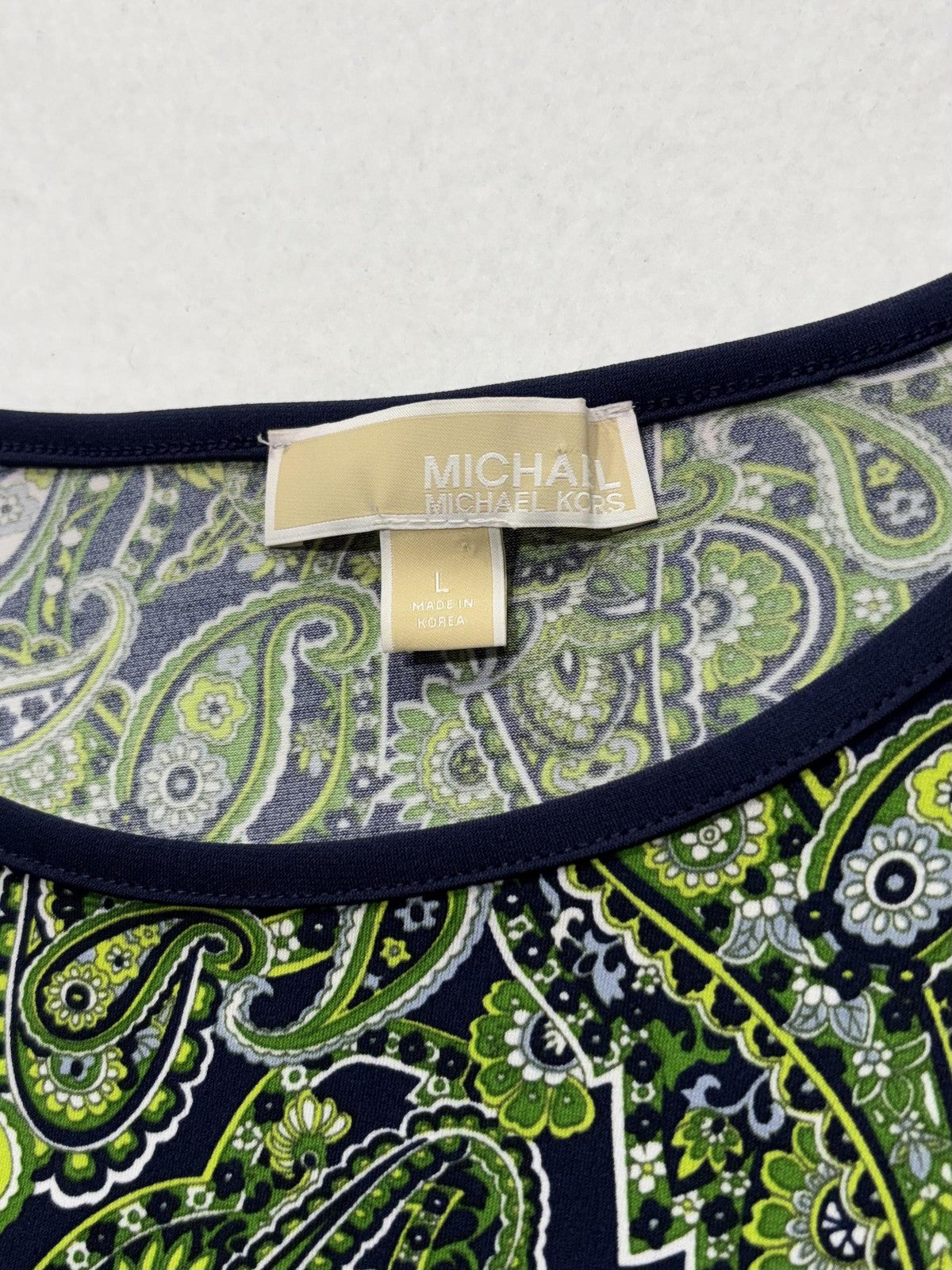 MICHAEL Michael Kors Dress Womens Large Blue Green Paisley Shift Bell Sleeve