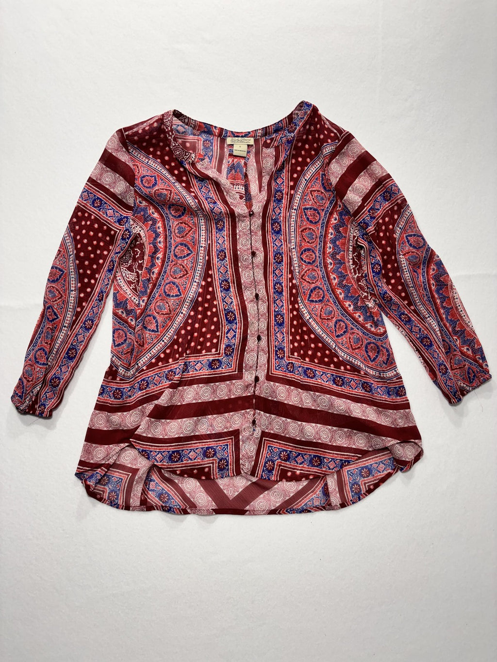 Lucky Brand Blouse Womens Small Red Paisley Long Sleeve Tunic Top Boho