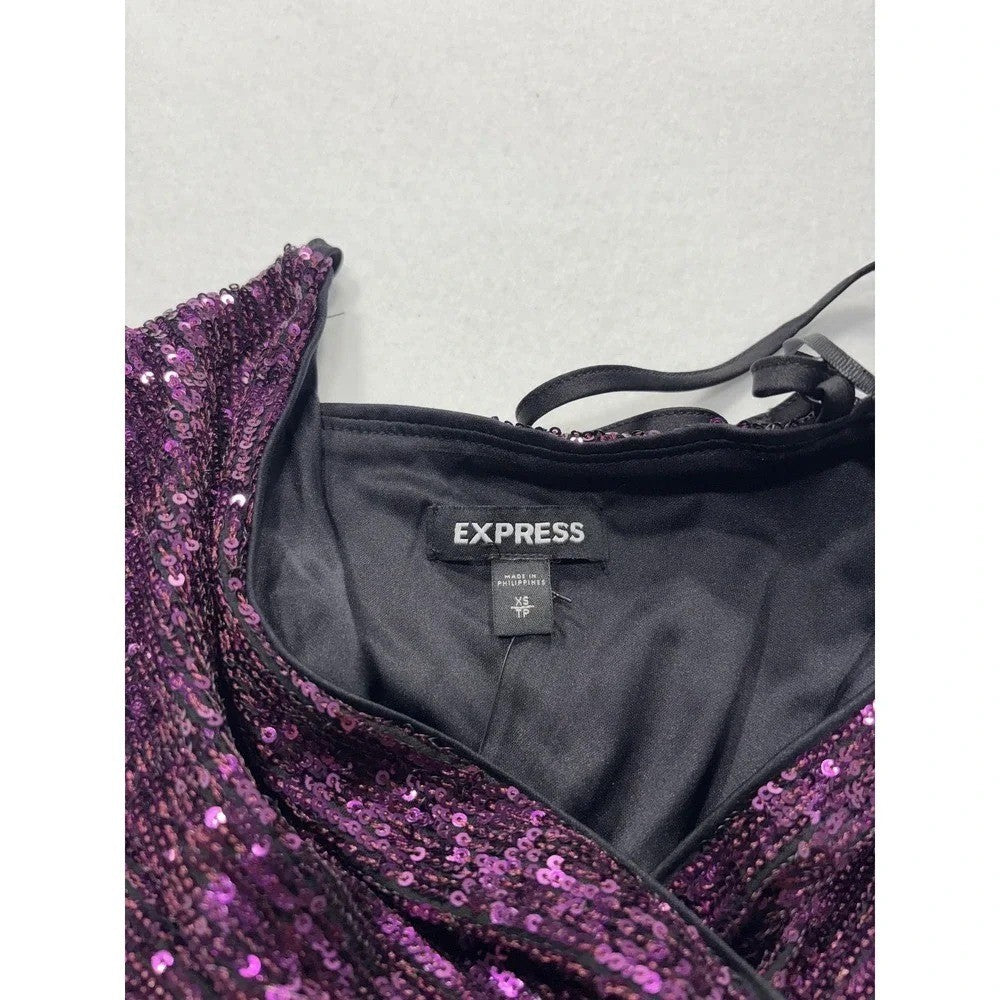 Express Jumpsuit Womens XS Purple Sequin V Neck Wide Leg Sleeveless 19938189 NEW
